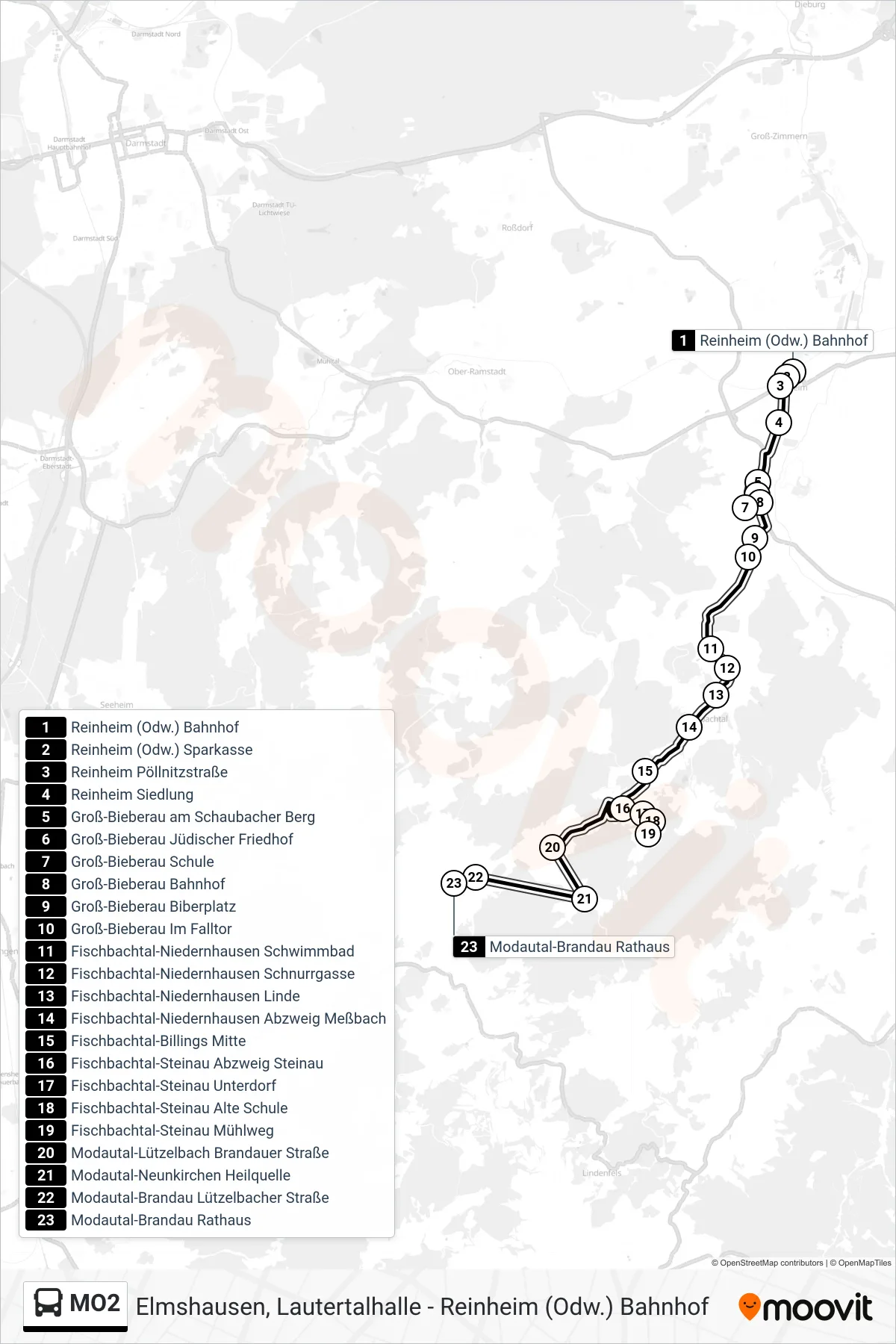 Linie MO2 (Bus) Richtung Modautal-Brandau Rathaus: Route und Haltestellen auf der Karte
