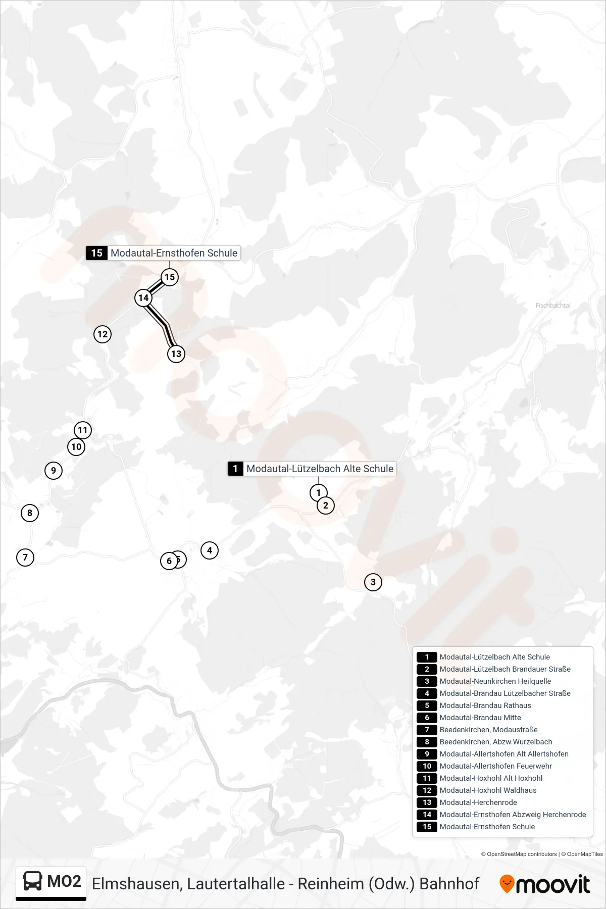 MO2 bus Line (Modautal-Ernsthofen Schule) route and stops on a map