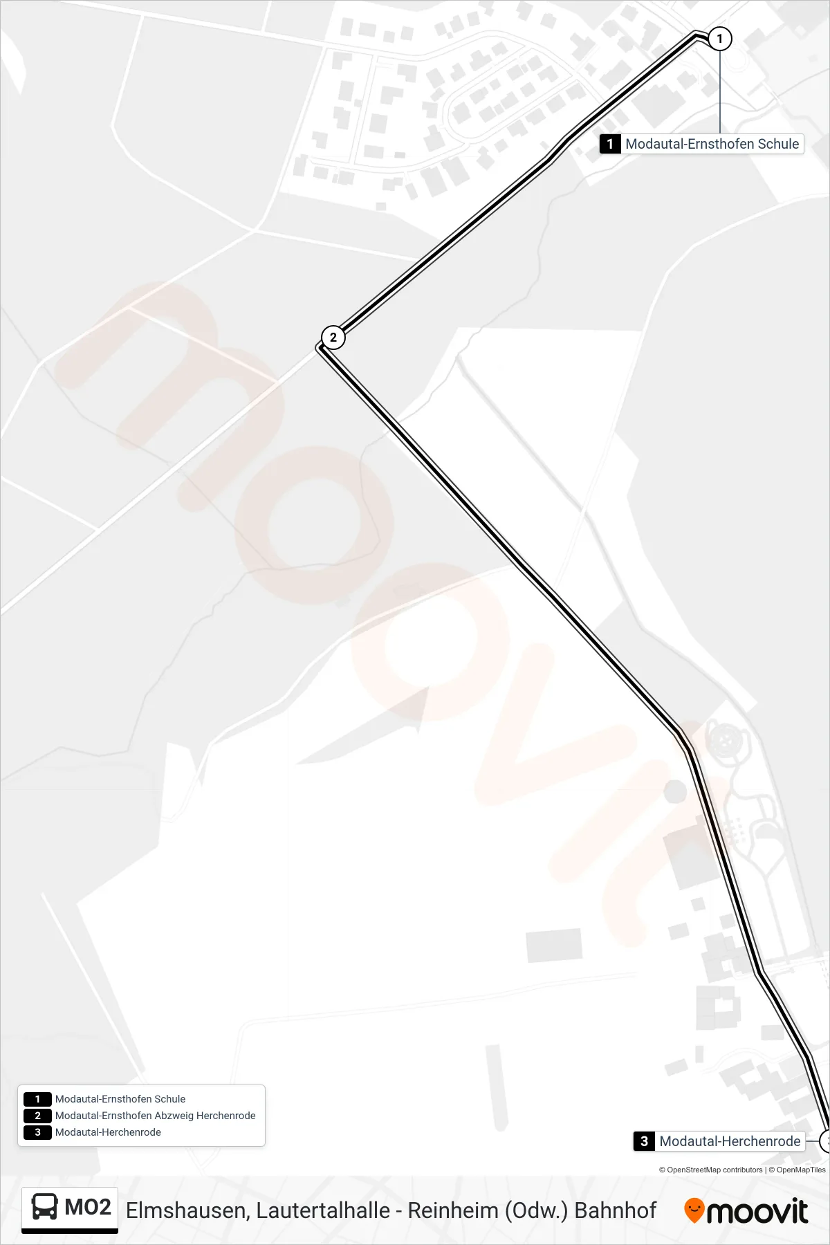 MO2 bus Line (Modautal-Herchenrode) route and stops on a map