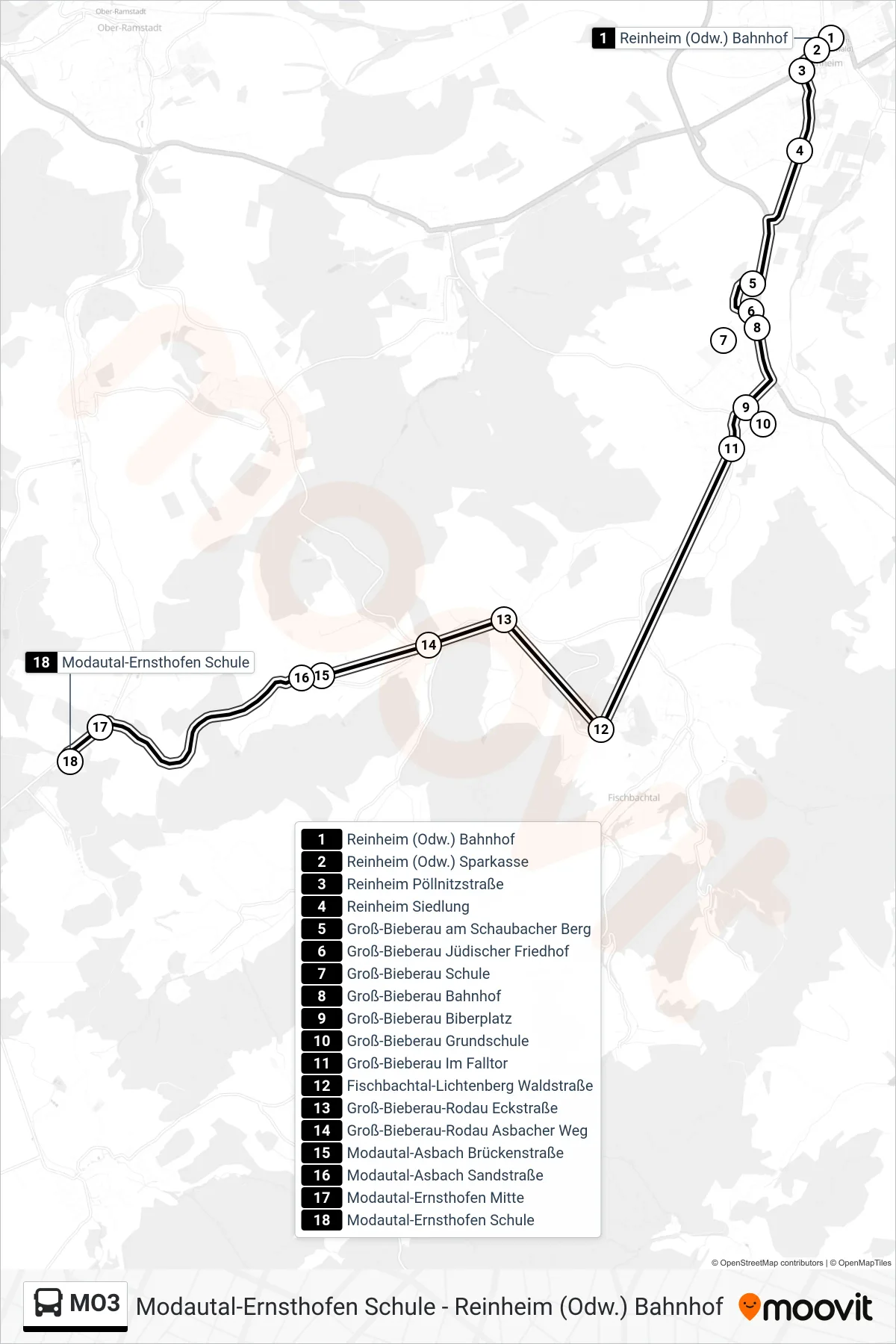 MO3 bus Line (Modautal-Ernsthofen Schule) route and stops on a map