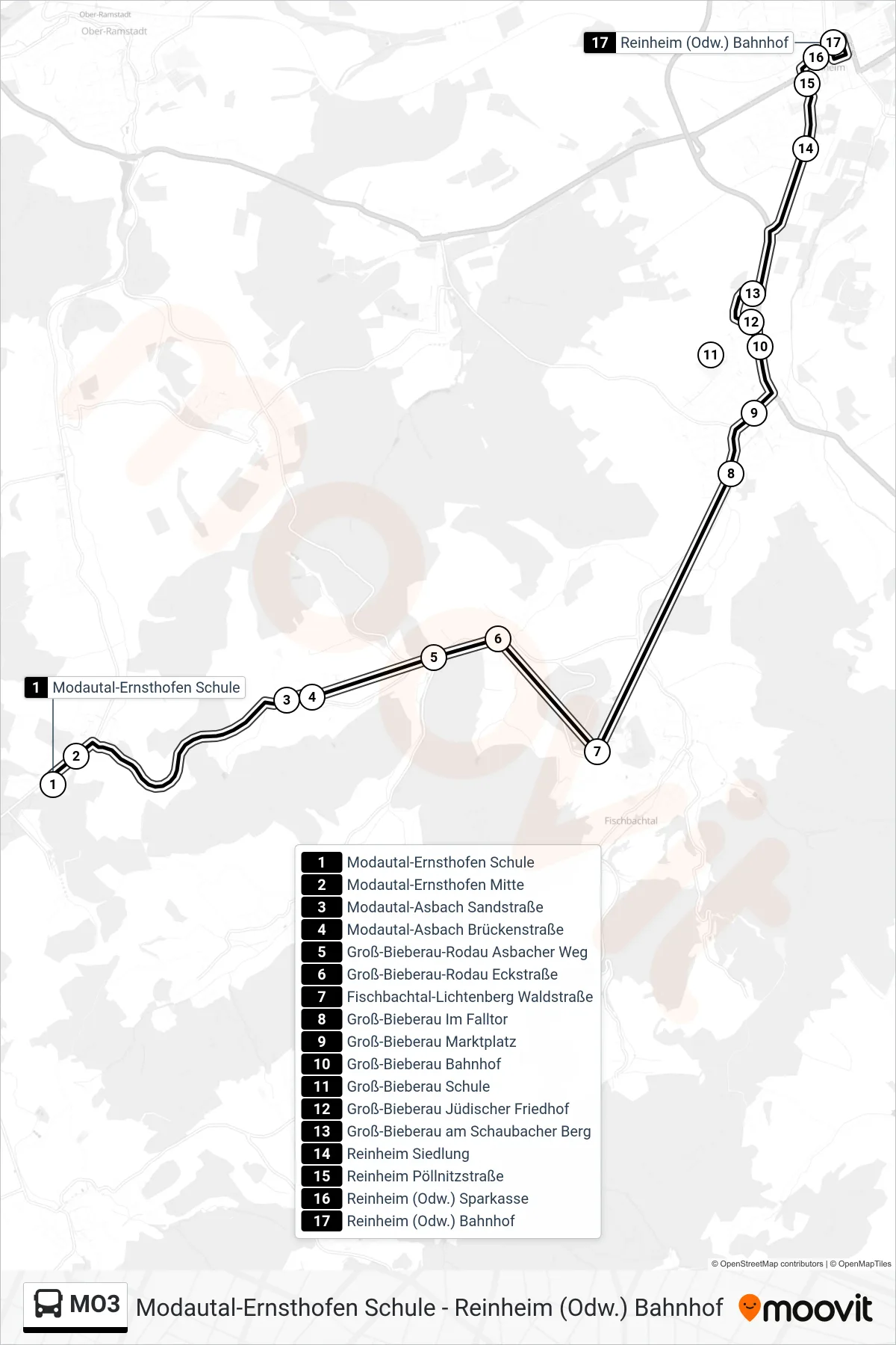 MO3 bus Line (Reinheim (Odw.) Bahnhof) route and stops on a map