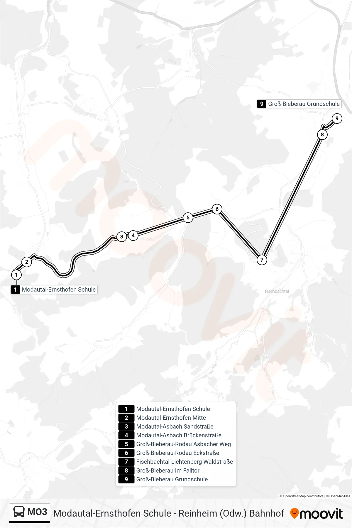 MO3 bus Line (Groß-Bieberau Grundschule) route and stops on a map