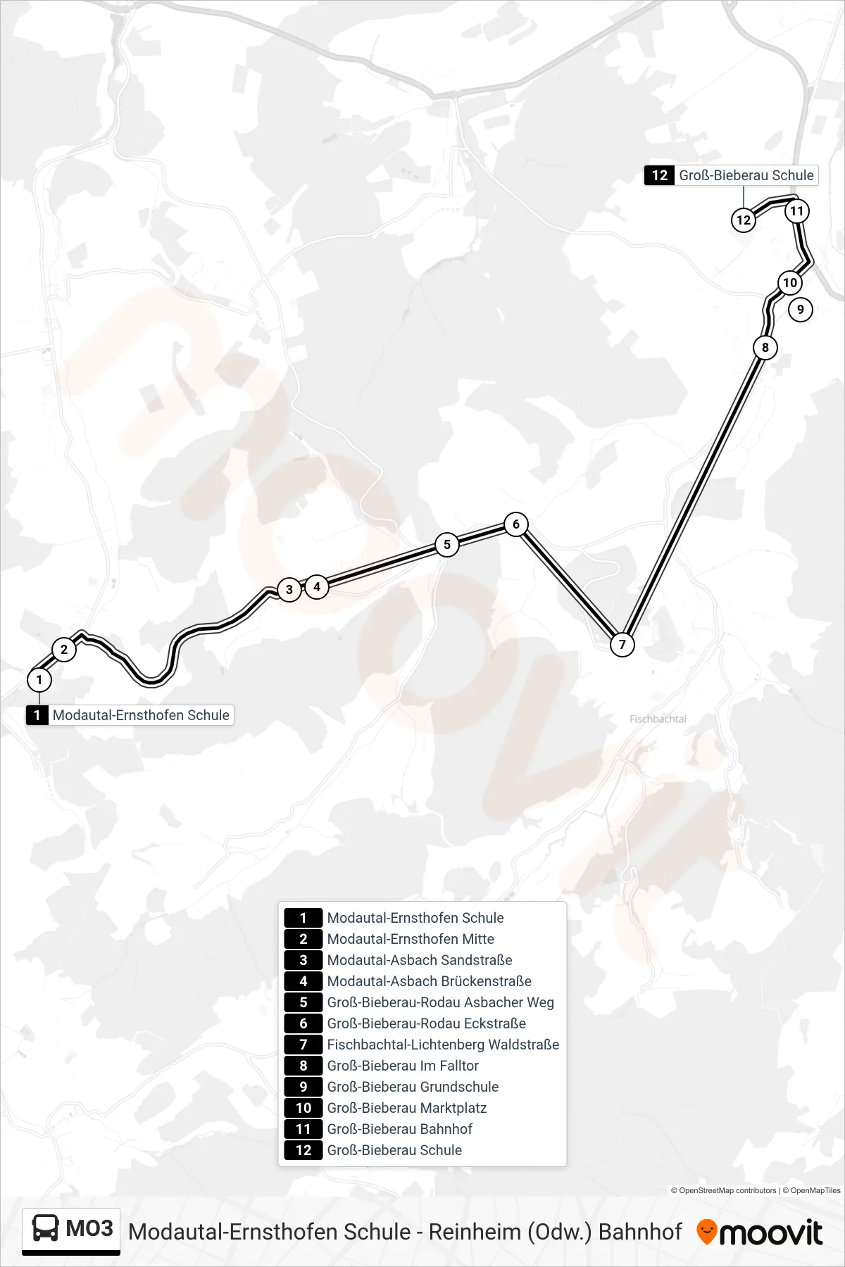 MO3 bus Line (Groß-Bieberau Schule) route and stops on a map