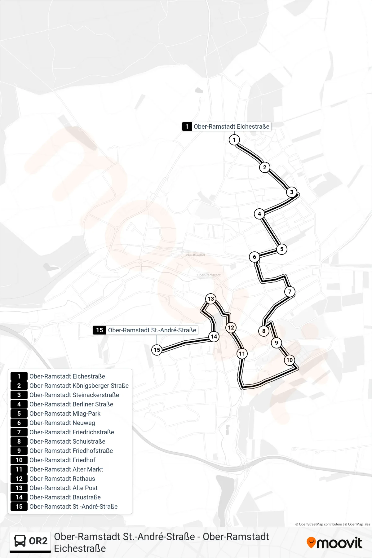 OR2 bus Line (Ober-Ramstadt St.-André-Straße) route and stops on a map
