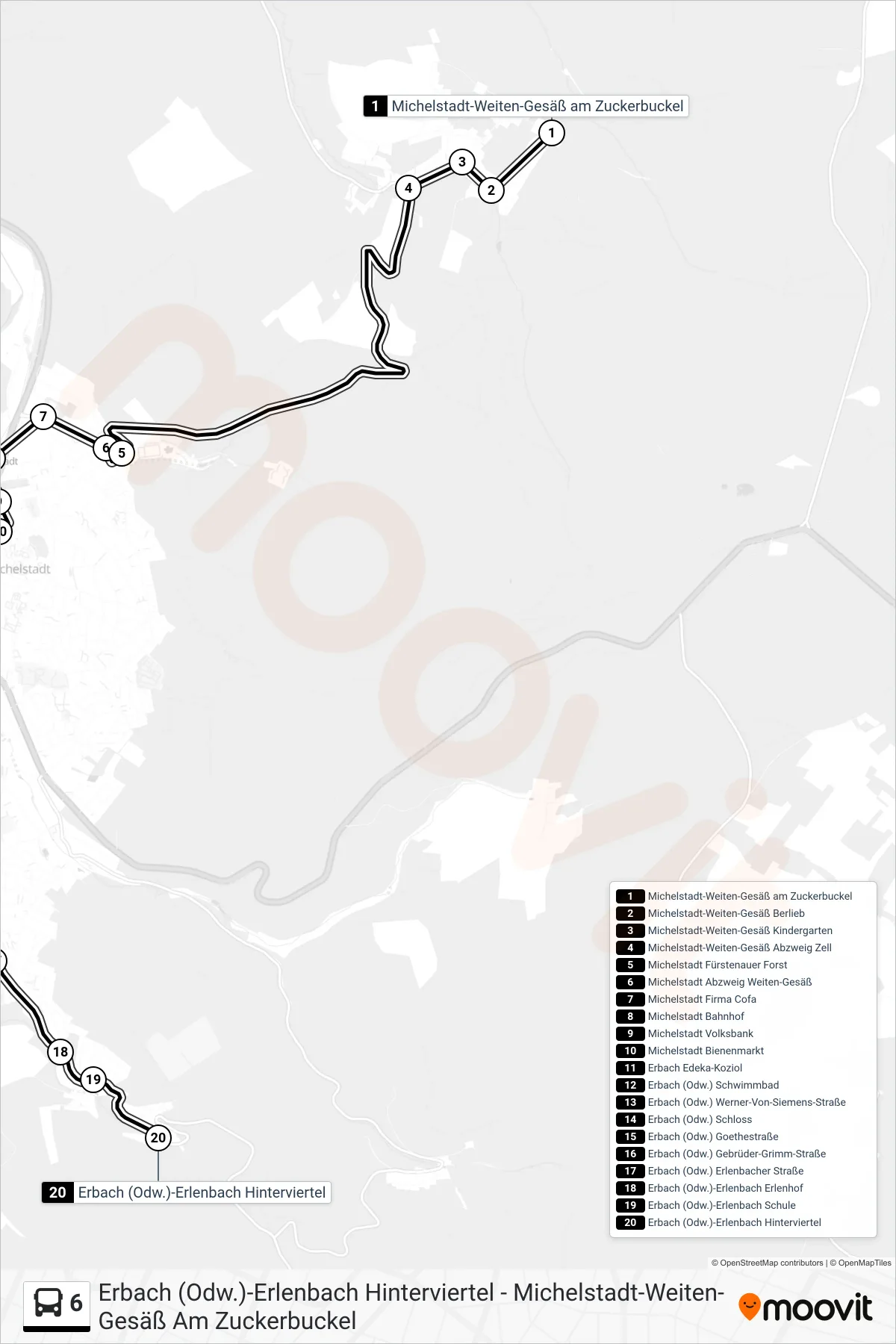 Linie 6 (Bus) Richtung Erbach (Odw.)-Erlenbach Hinterviertel: Route und Haltestellen auf der Karte