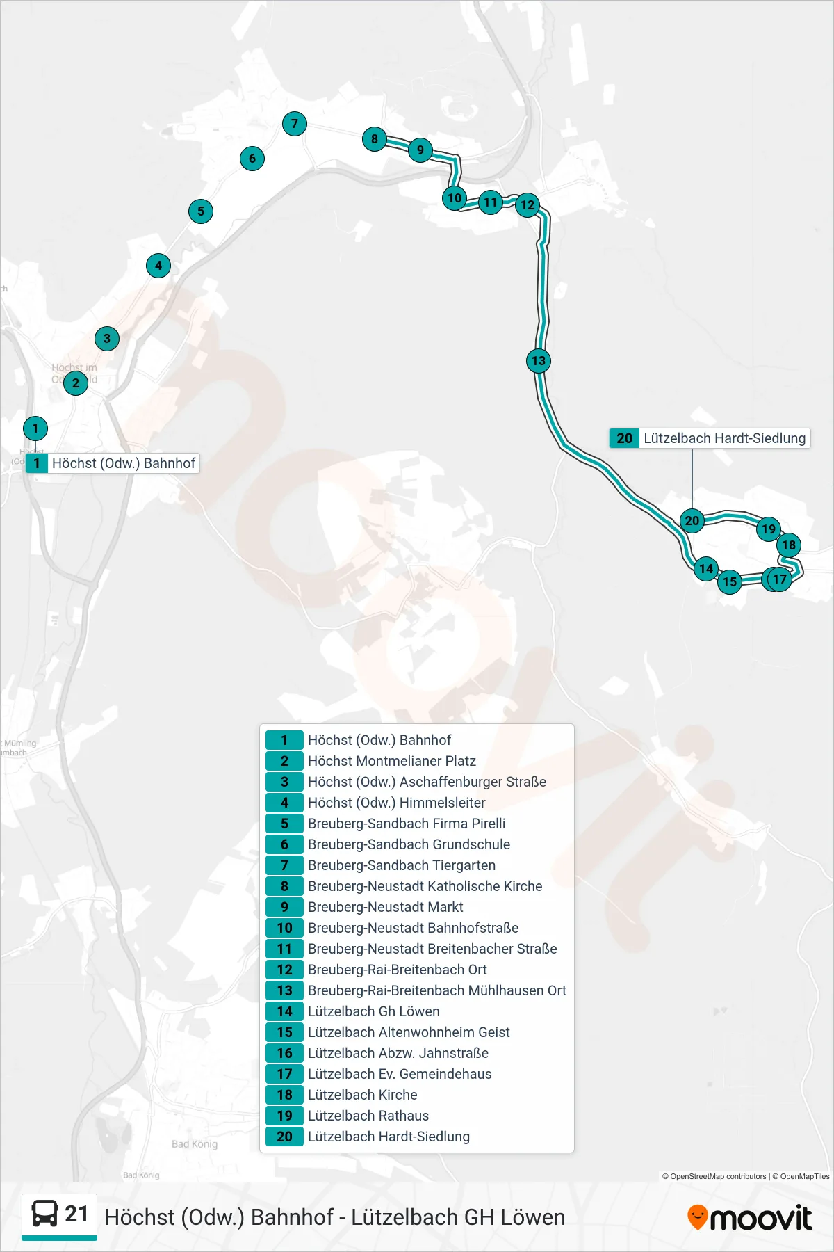 Linie 21 (Bus) Richtung Lützelbach: Route und Haltestellen auf der Karte