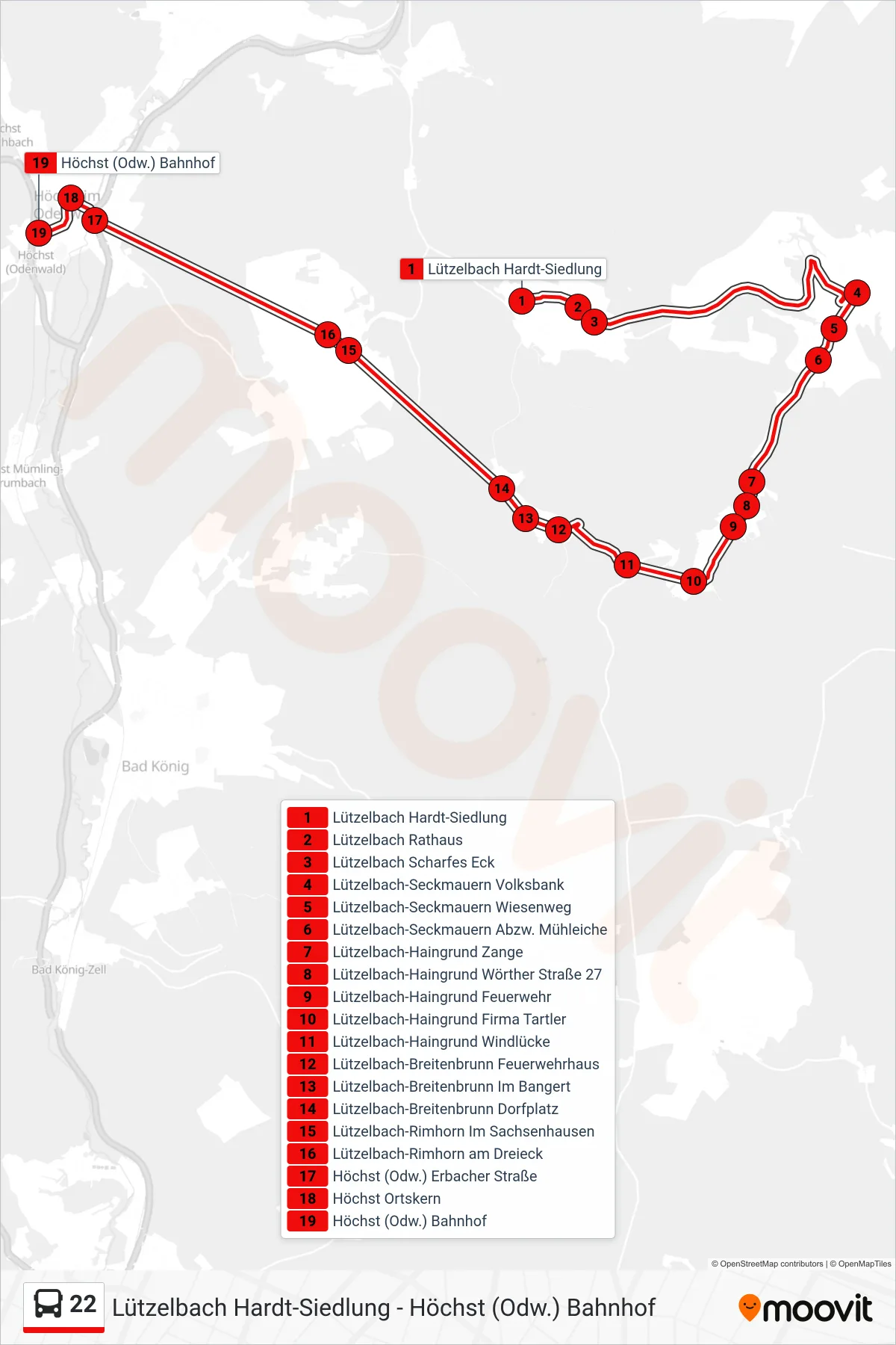 Linie 22 (Bus) Richtung Höchst Bhf: Route und Haltestellen auf der Karte