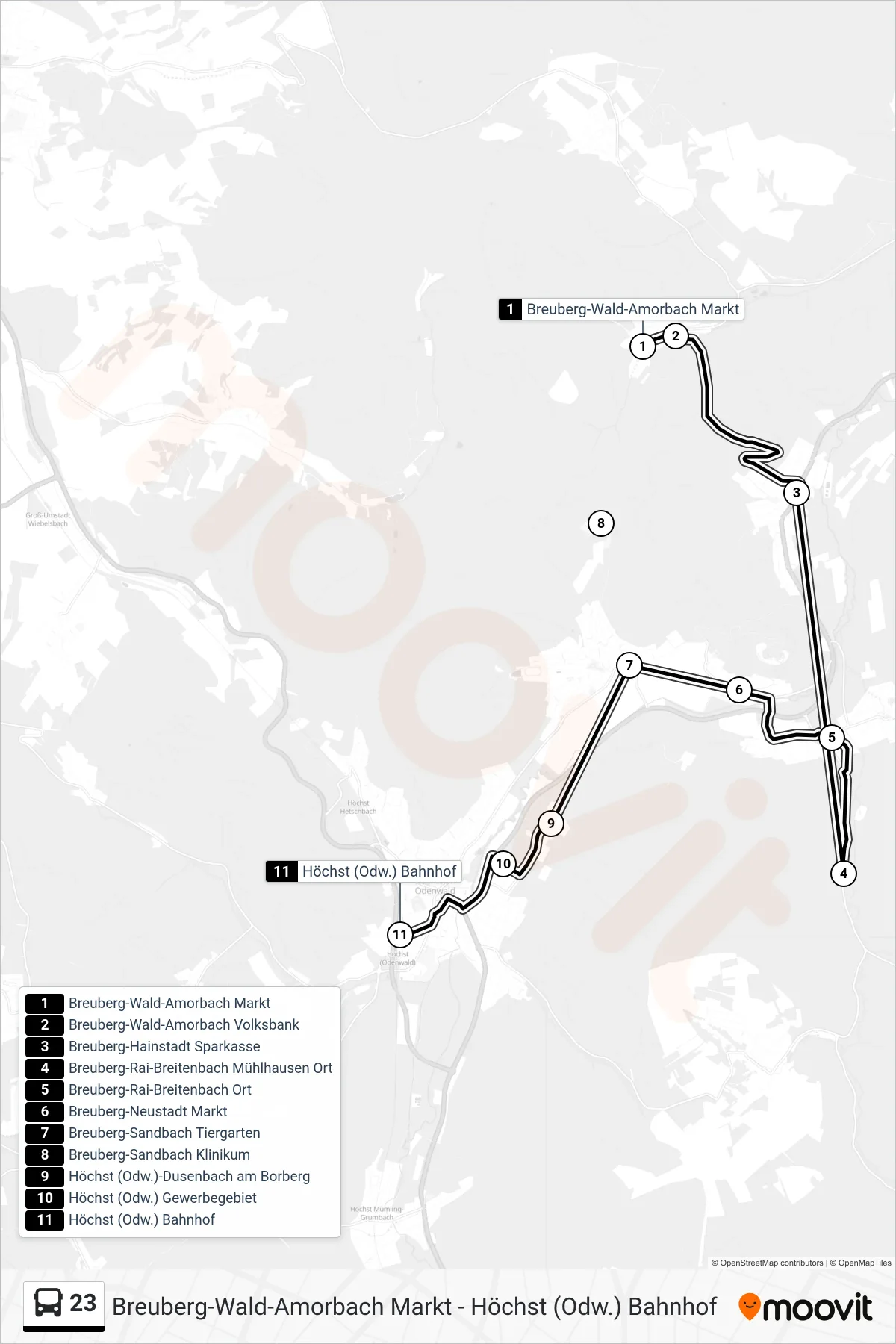 23 bus Line (Höchst) route and stops on a map