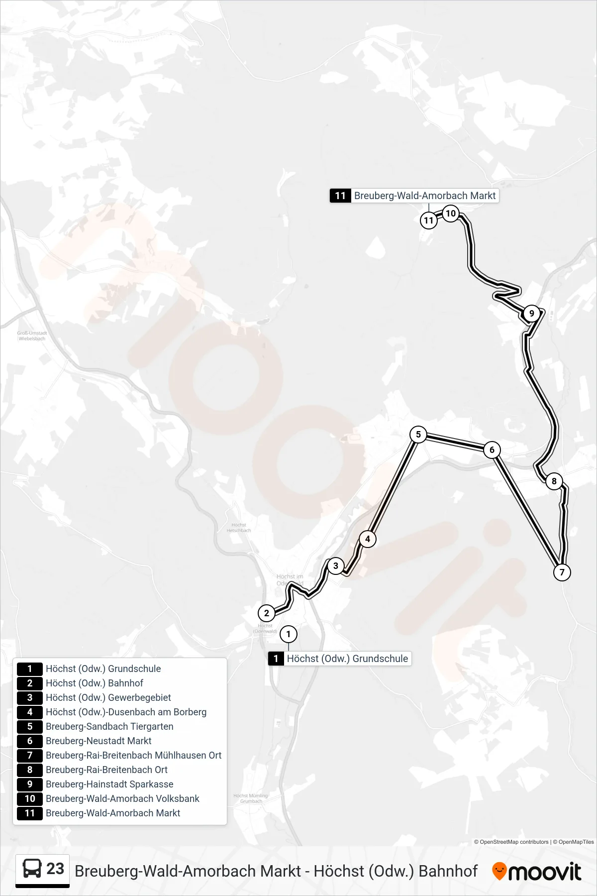 Linie 23 (Bus) Richtung Wald-Amorbach: Route und Haltestellen auf der Karte
