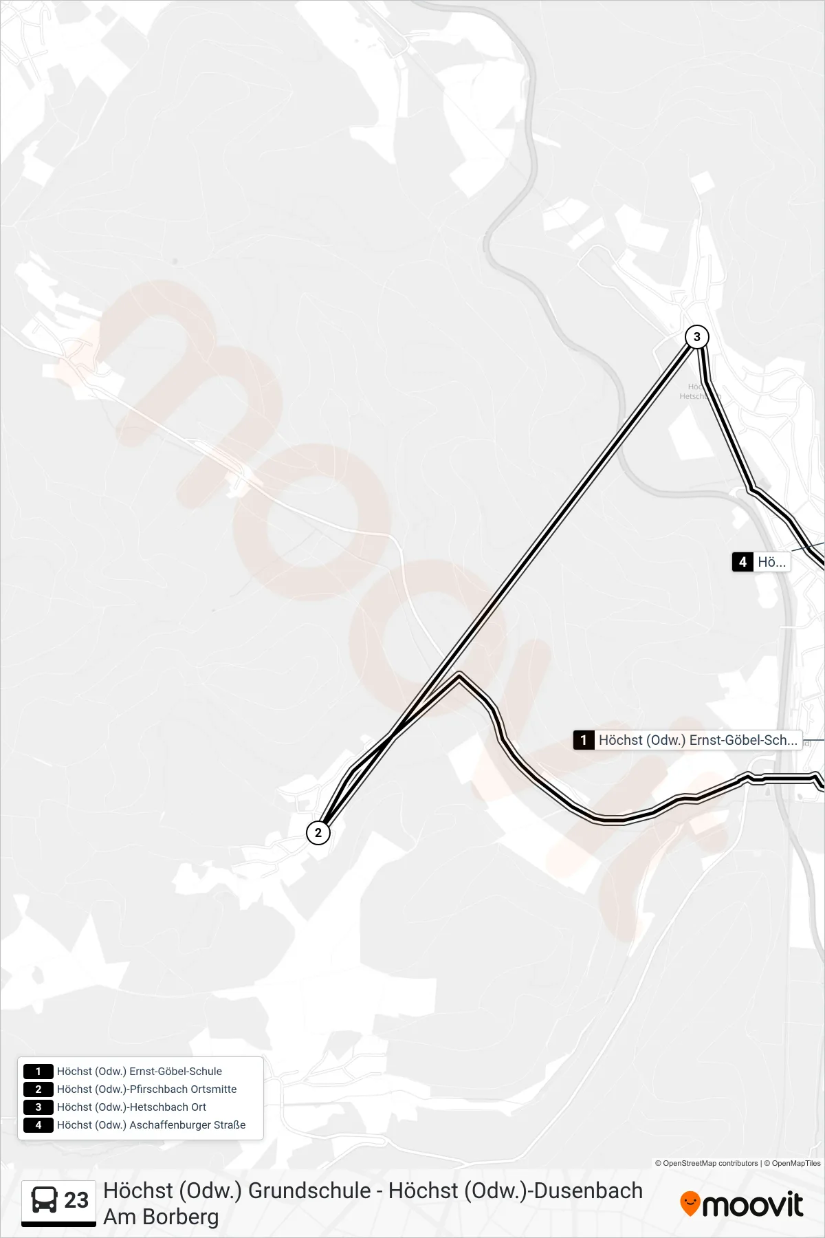 23 bus Line (Pfirschbach) route and stops on a map