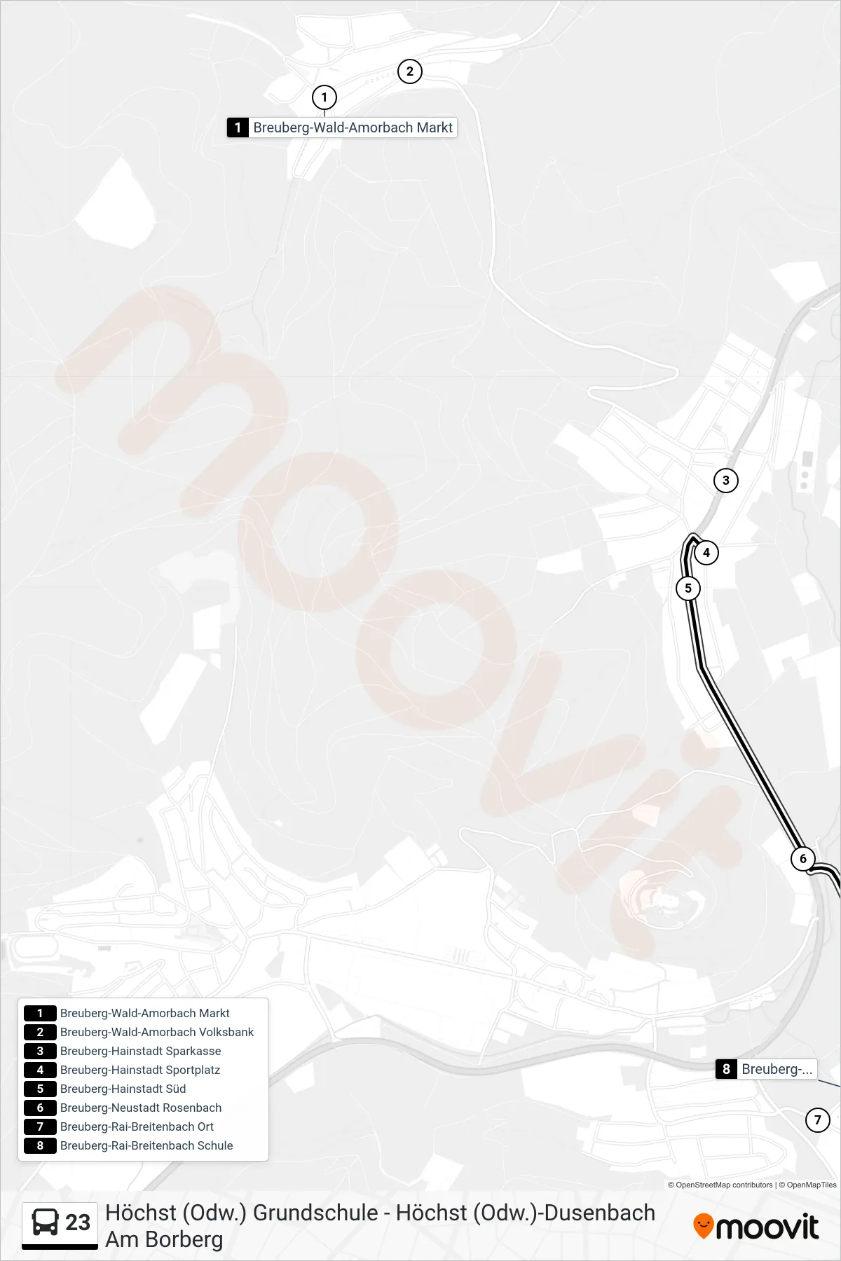23 bus Line (Rai-Breitenbach) route and stops on a map