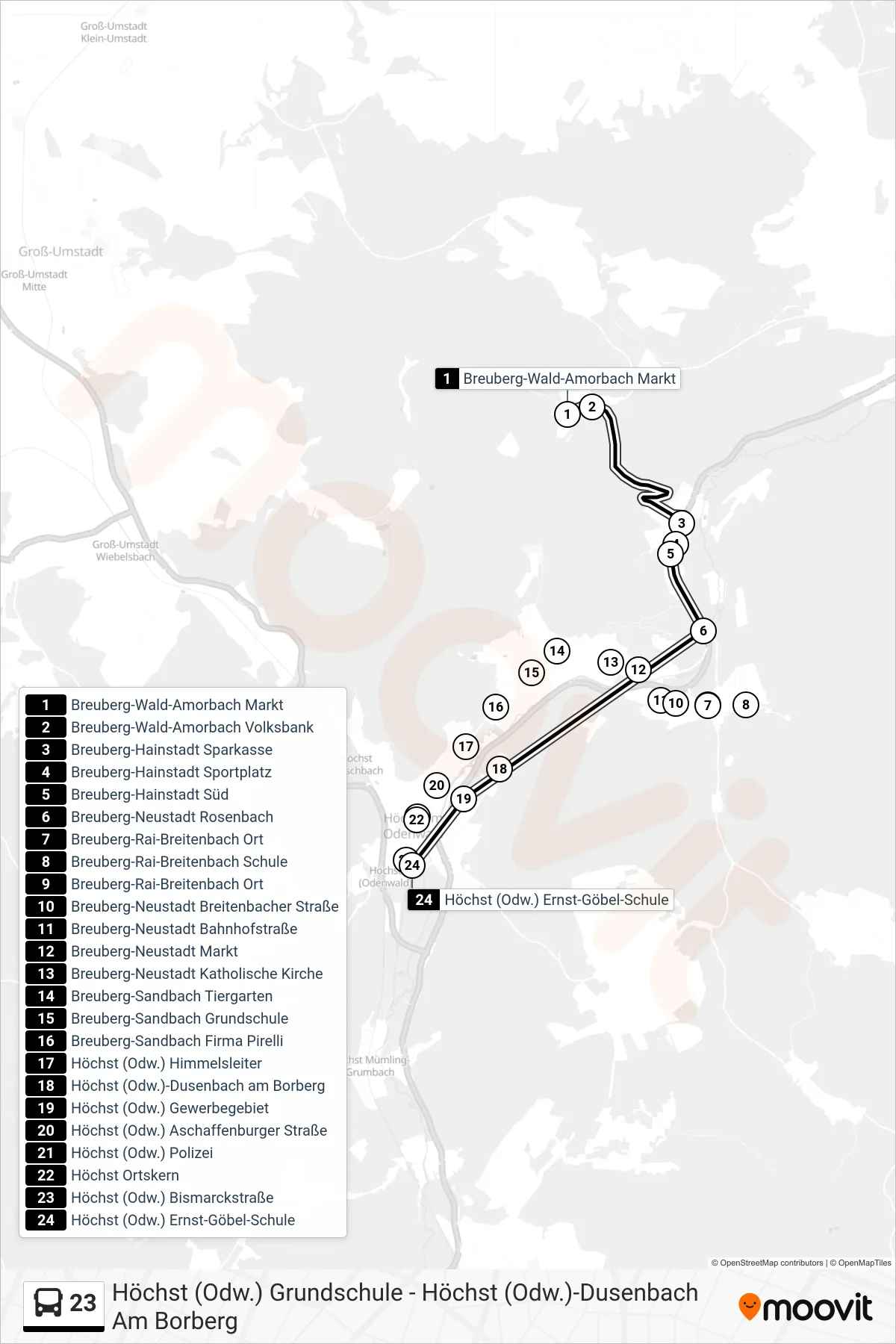 23 bus Line (Höchst Egs) route and stops on a map