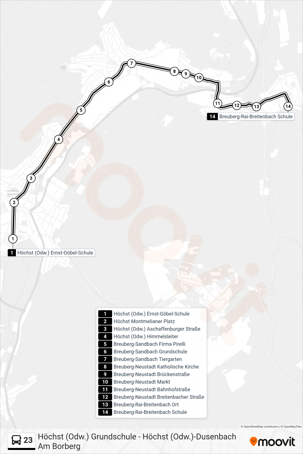 23 bus Line (Rai-Breitenbach) route and stops on a map