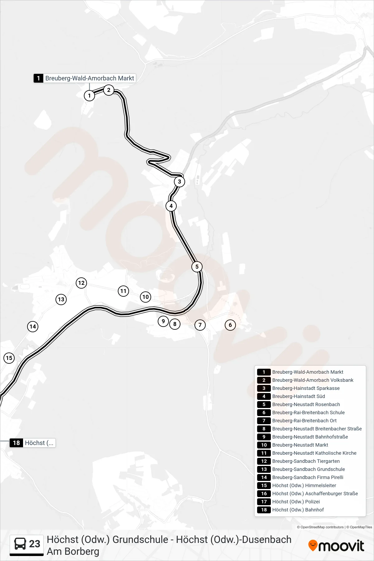 23 bus Line (Höchst Bhf) route and stops on a map