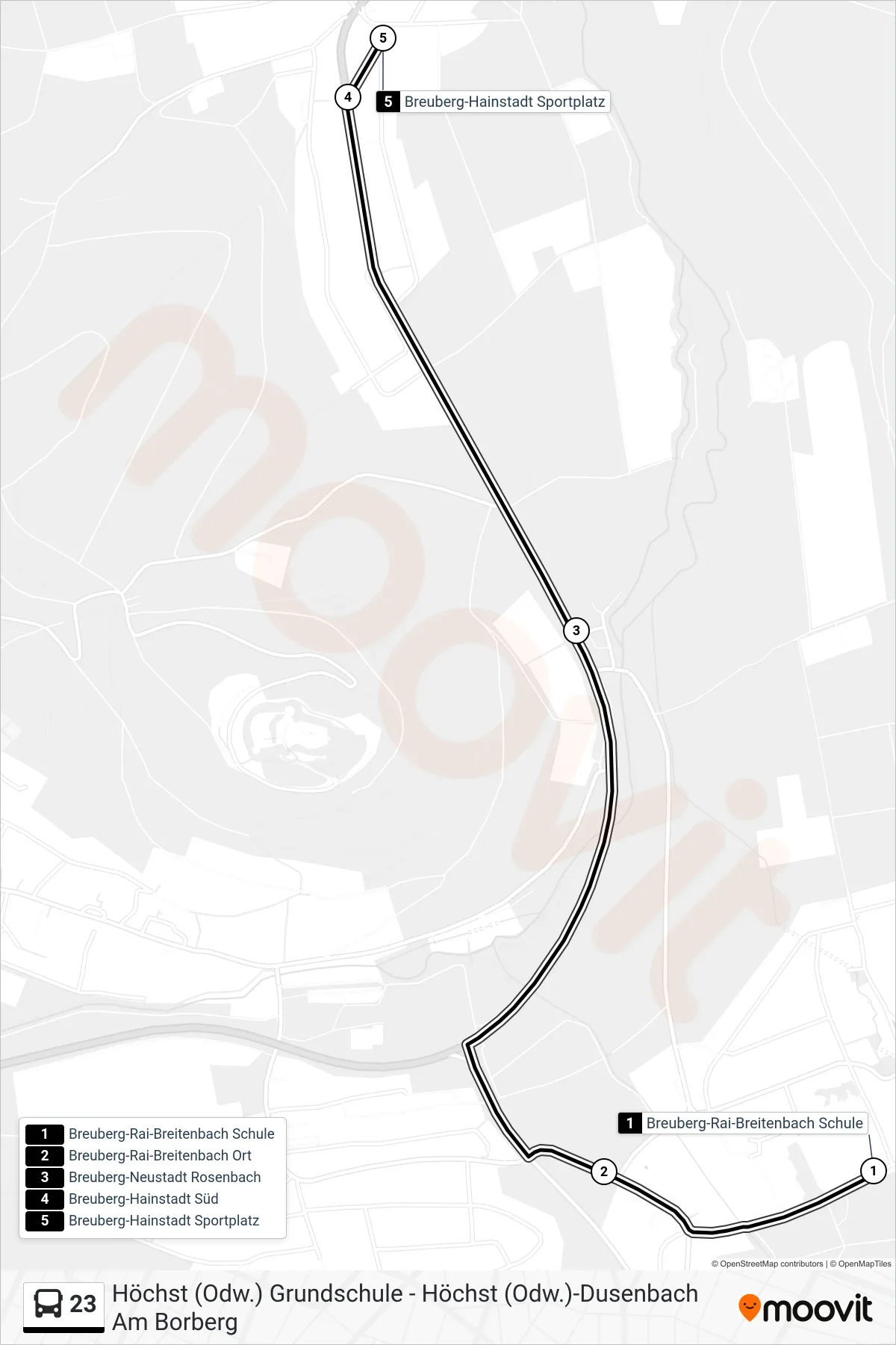 23 bus Line (Hainstadt Sportplatz) route and stops on a map