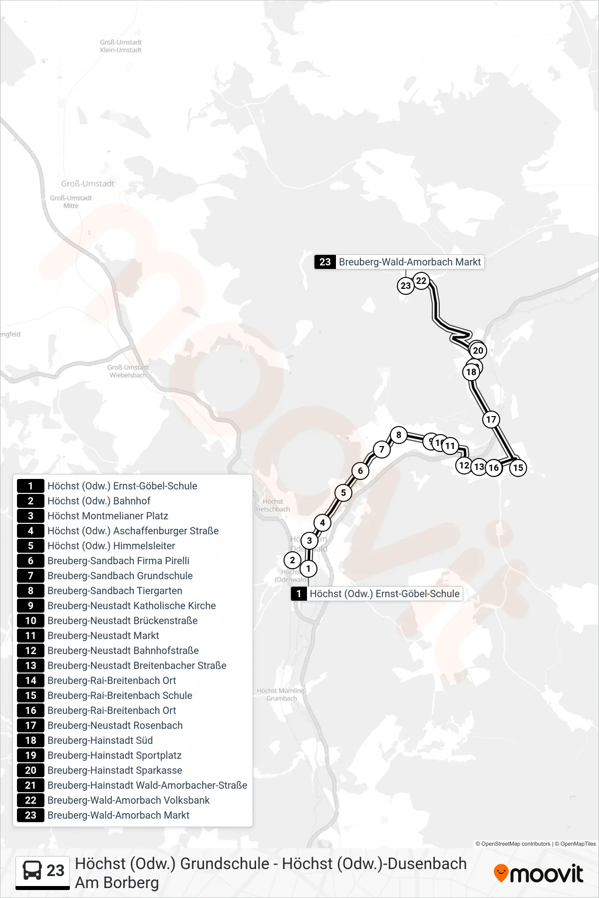 23 bus Line (Wald-Amorbach) route and stops on a map
