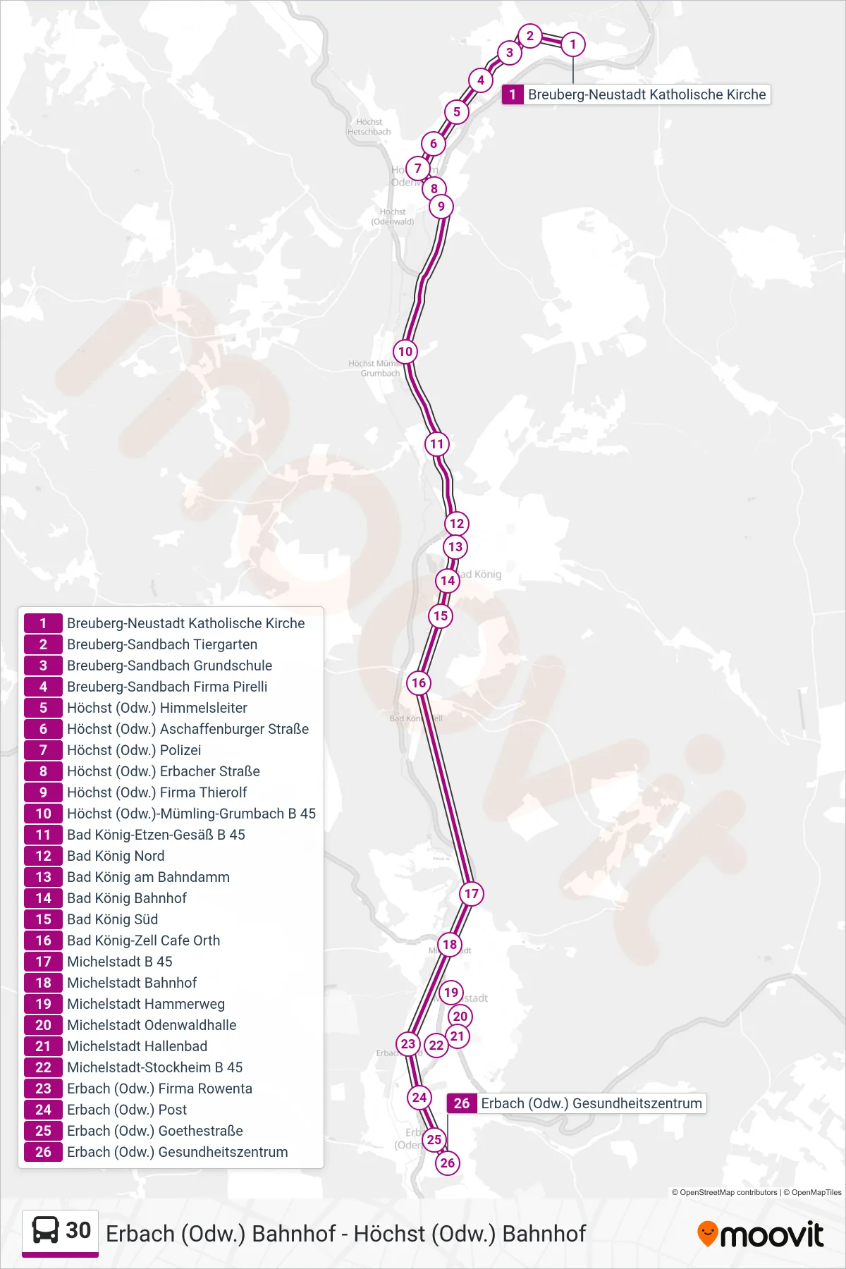 30 bus Line (Erbach) route and stops on a map