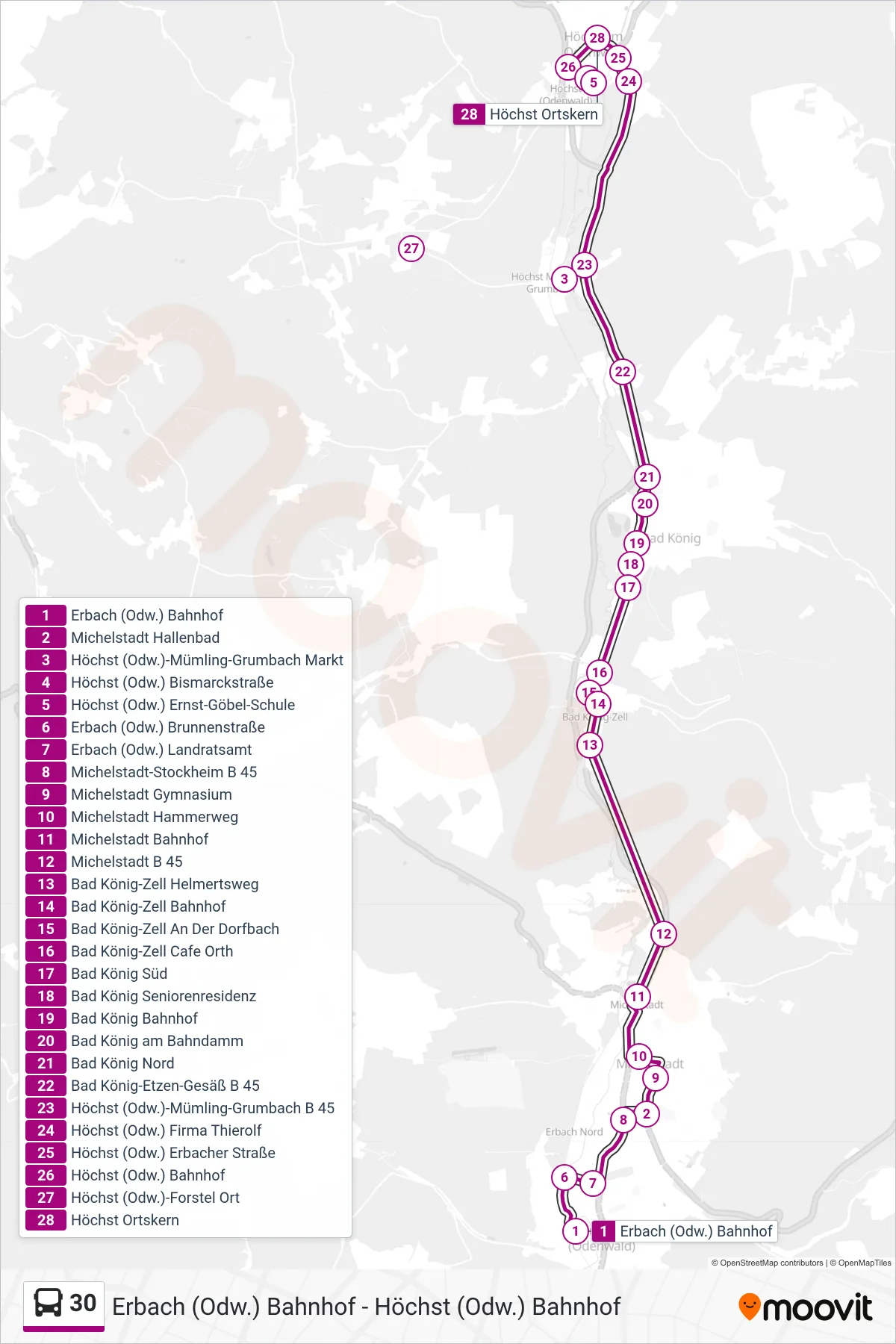 Linie 30 (Bus) Richtung Höchst: Route und Haltestellen auf der Karte