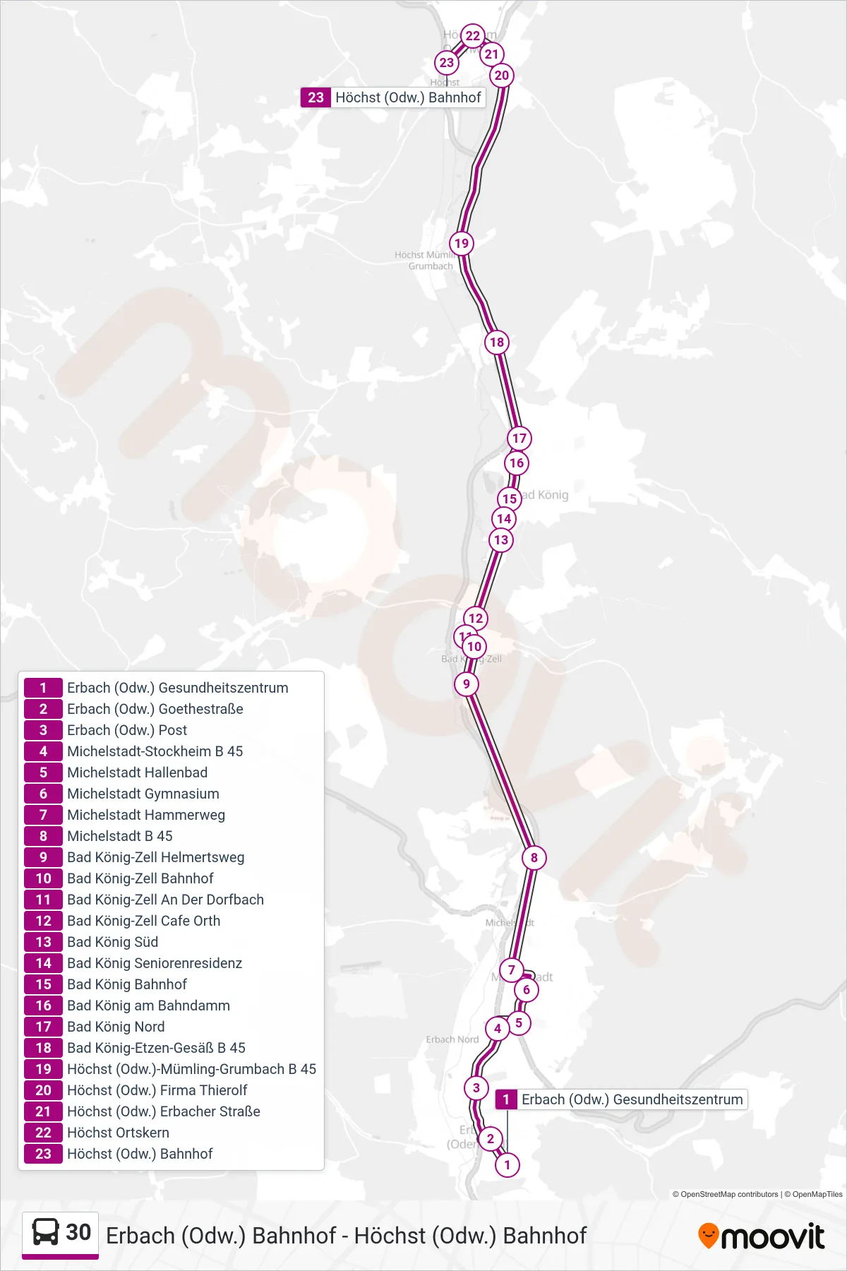 30 bus Line (Breuberg) route and stops on a map