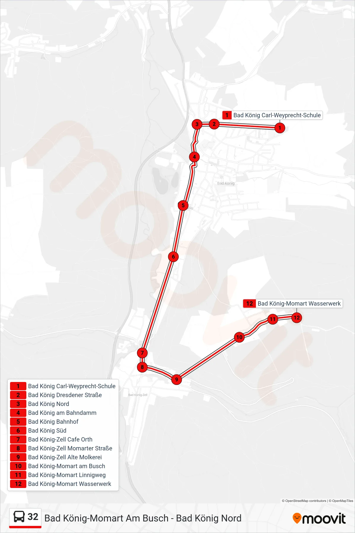 32 bus Line (Momart) route and stops on a map