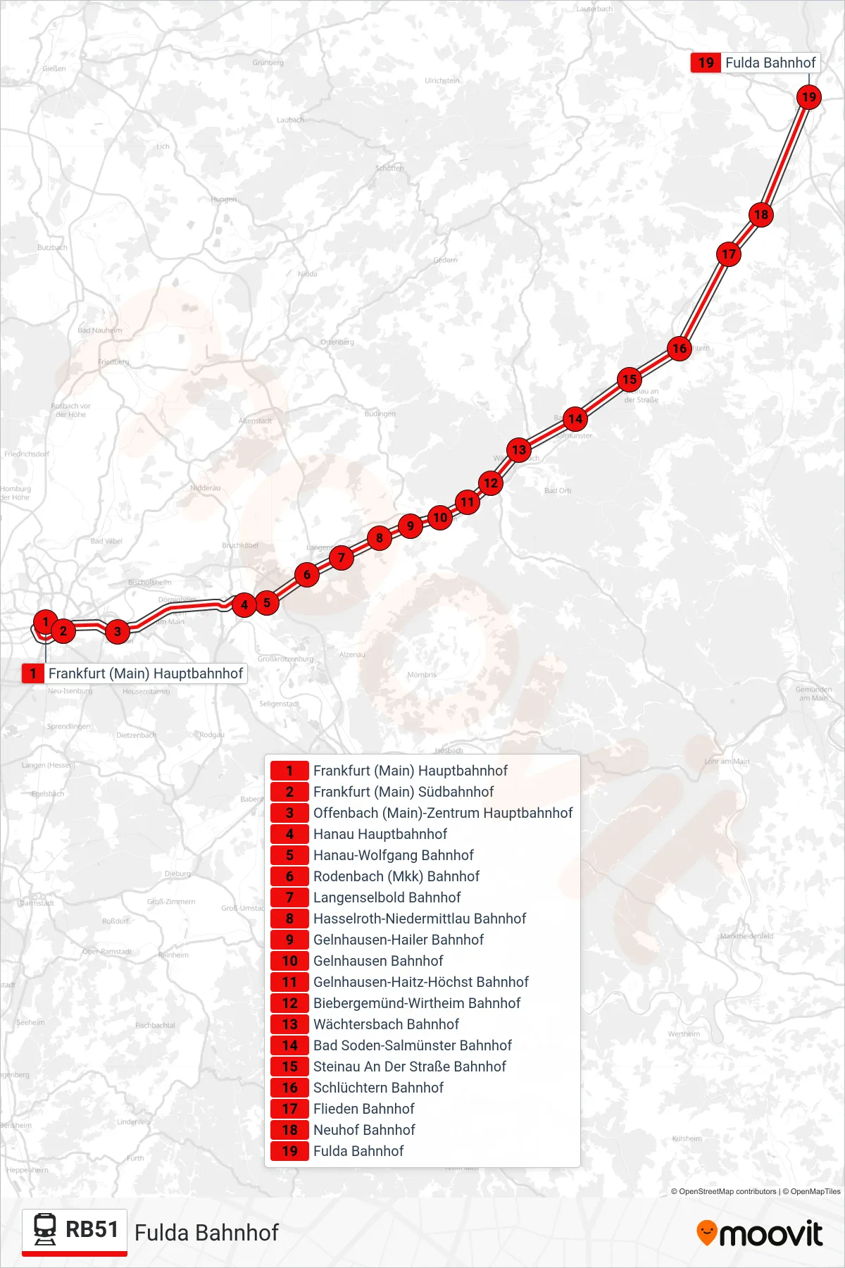 Linie RB51 (Bahn) Richtung Fulda Bahnhof: Route und Haltestellen auf der Karte