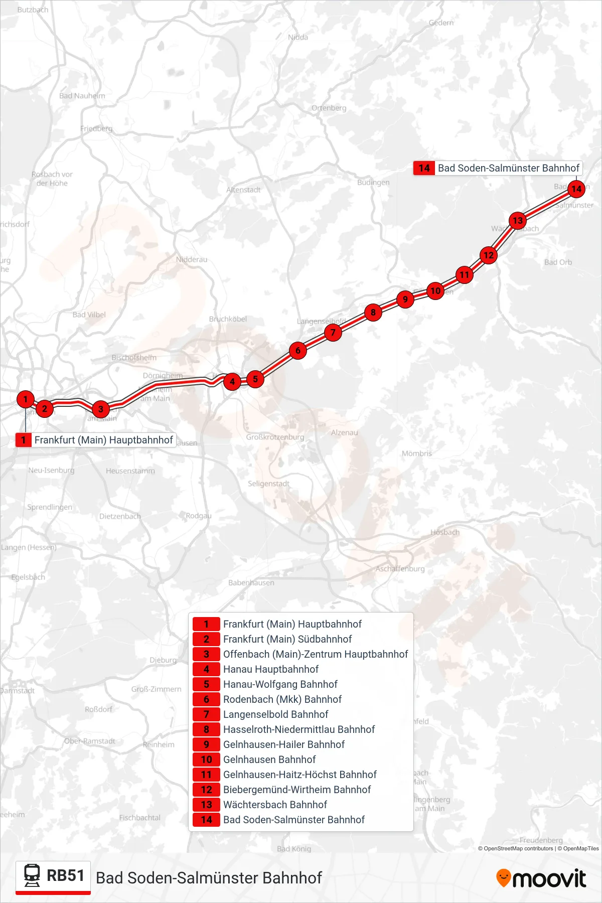 RB51 train Line (Bad Soden-Salmünster Bahnhof) route and stops on a map