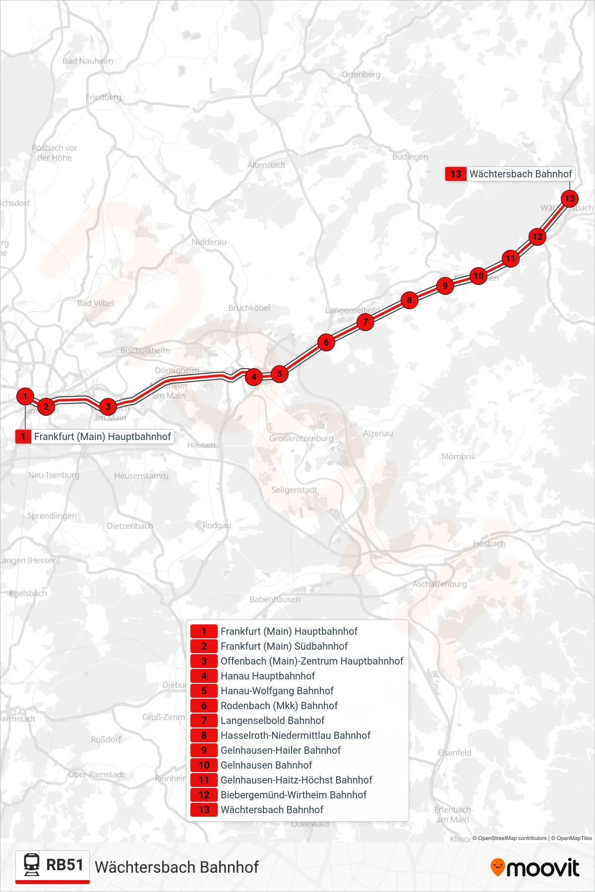 RB51 train Line (Wächtersbach Bahnhof) route and stops on a map