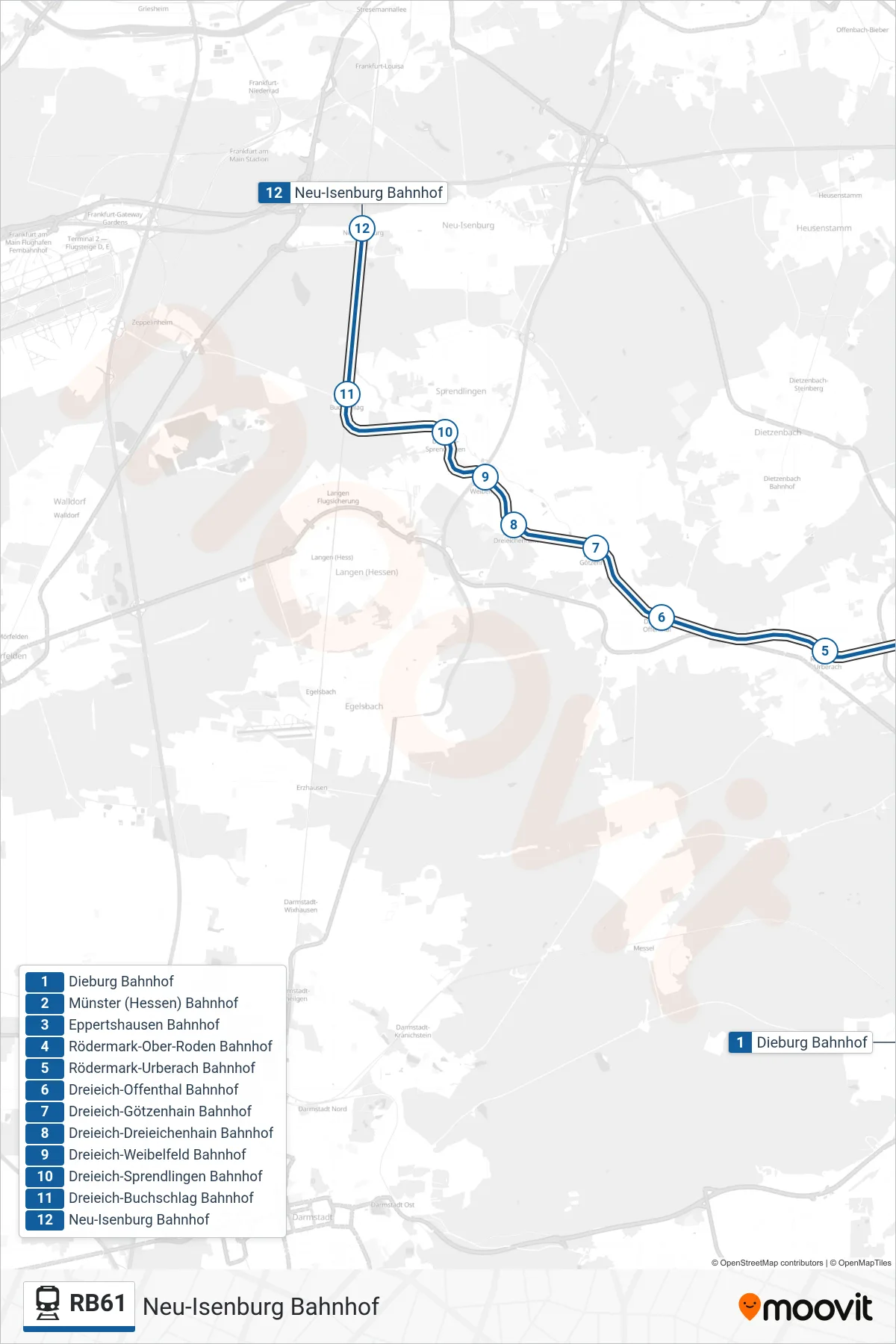 RB61 train Line (Neu-Isenburg Bahnhof) route and stops on a map