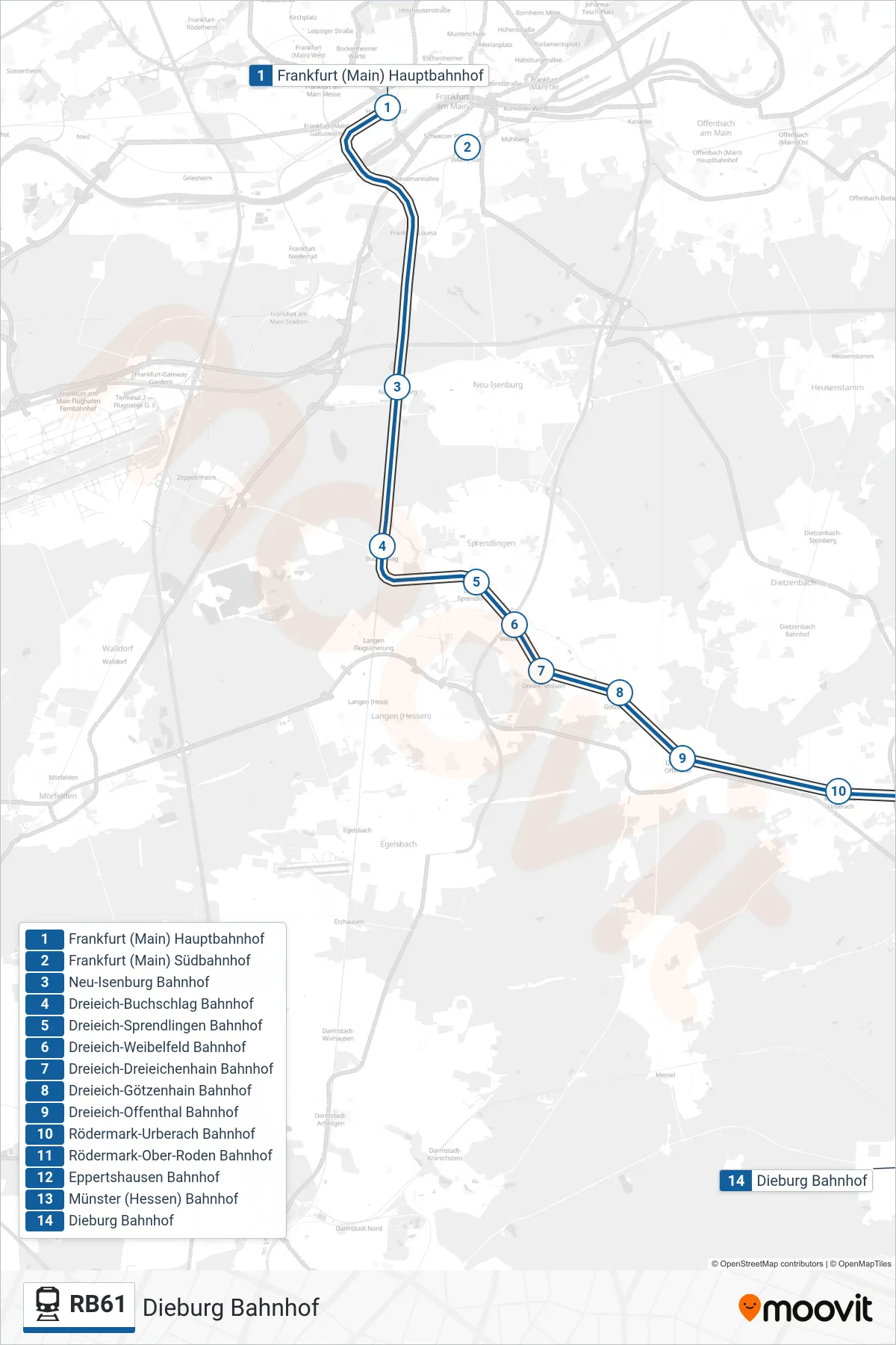 RB61 train Line (Dieburg Bahnhof) route and stops on a map