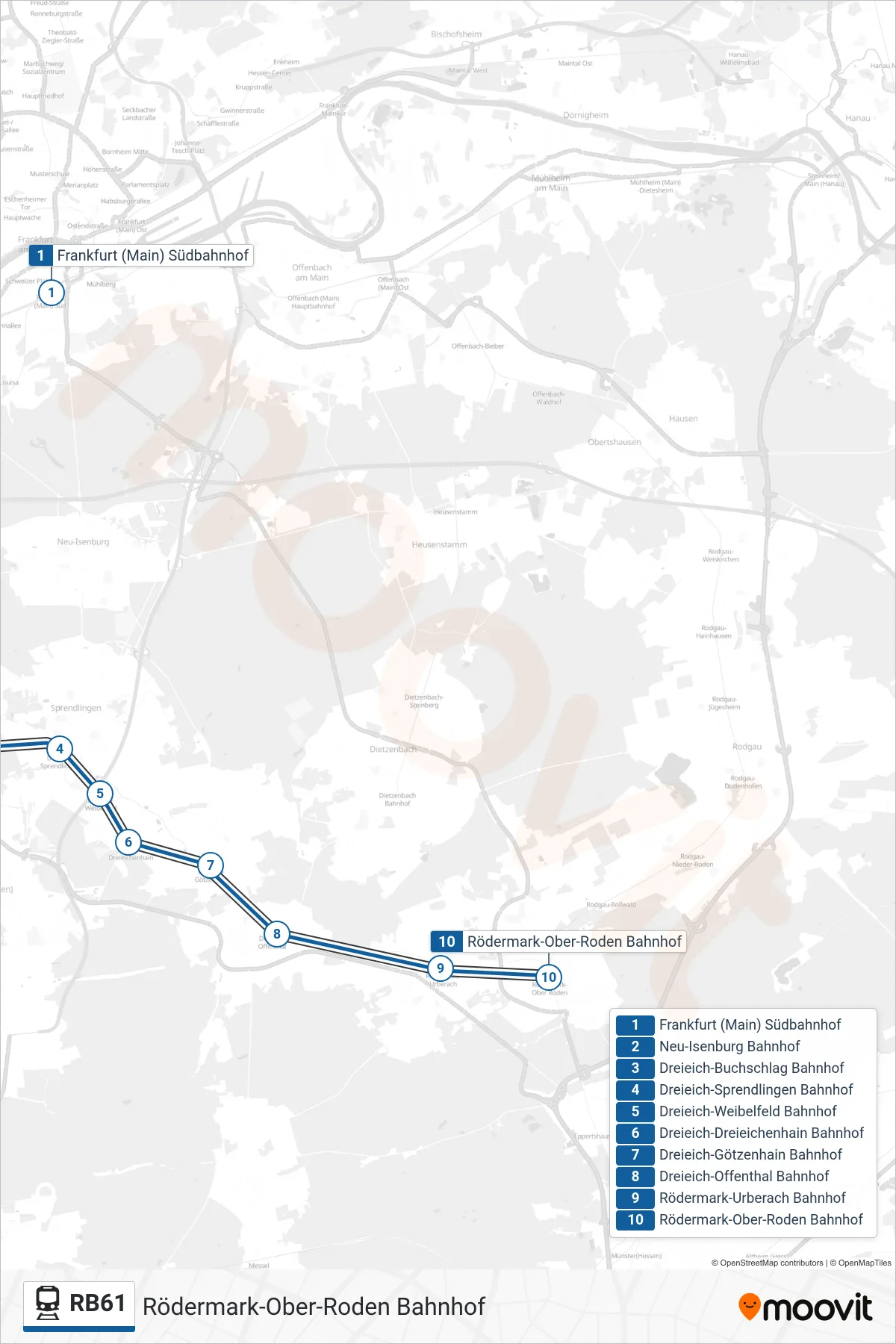 RB61 rail Line (Rödermark-Ober-Roden Bahnhof) route and stops on a map