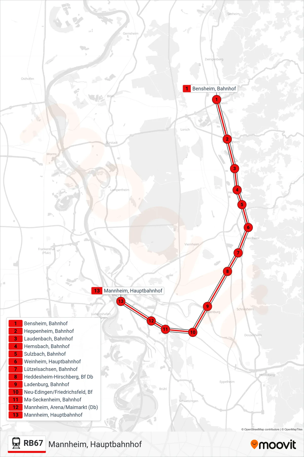 Linie RB67 (Bahn) Richtung Mannheim, Hauptbahnhof: Route und Haltestellen auf der Karte