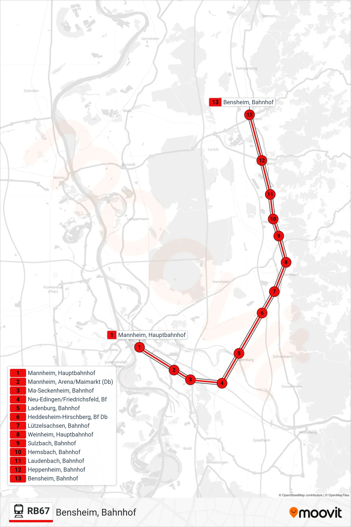 RB67 train Line (Bensheim, Bahnhof) route and stops on a map