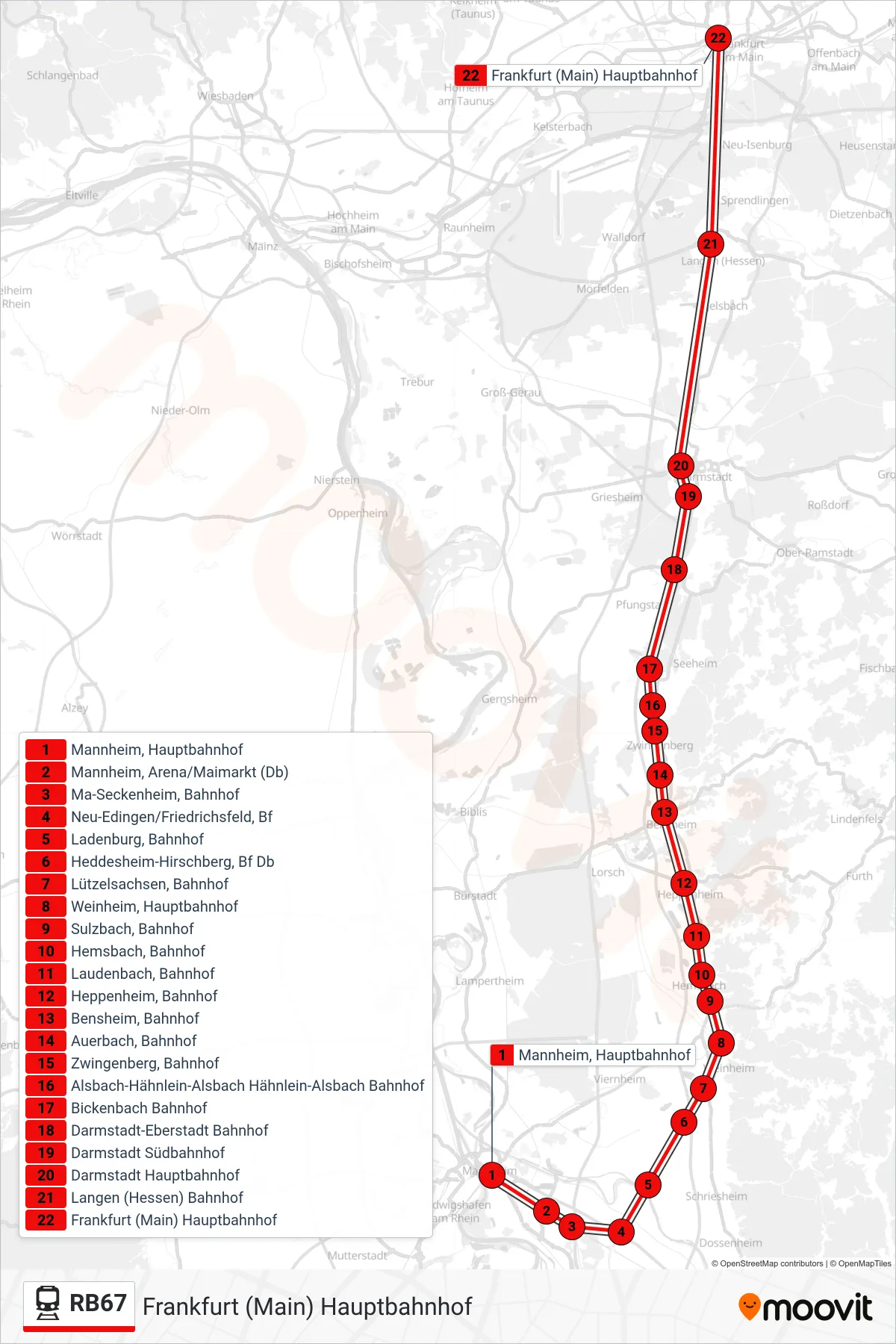 RB67 rail Line (Frankfurt (Main) Hauptbahnhof) route and stops on a map