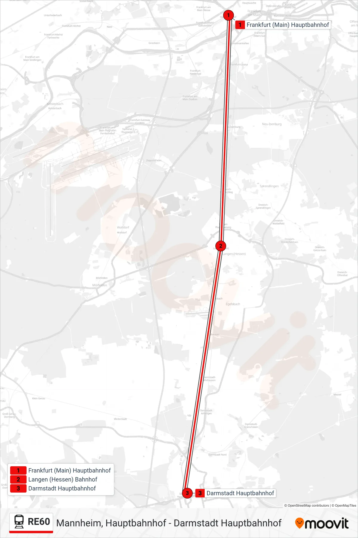 RE60 train Line (Darmstadt Hauptbahnhof) route and stops on a map