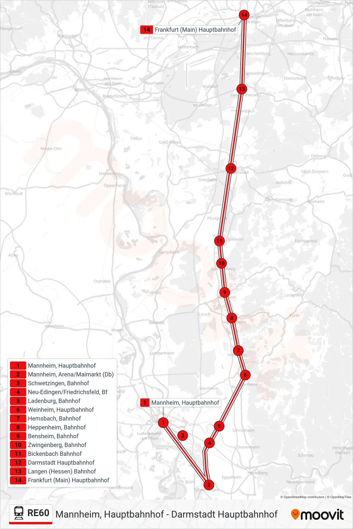 RE60 train Line (Frankfurt (Main) Hauptbahnhof) route and stops on a map