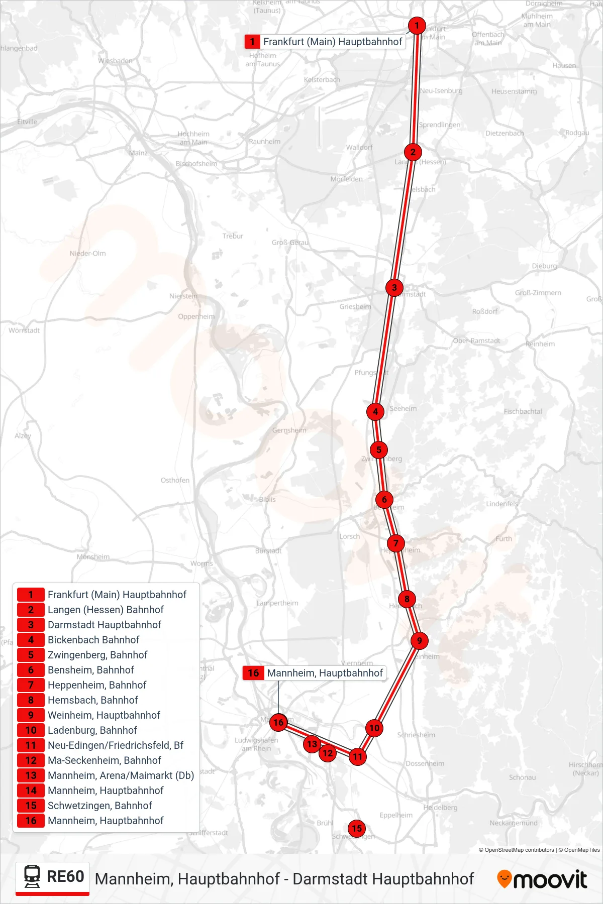 Linie RE60 (Bahn) Richtung Mannheim, Hauptbahnhof: Route und Haltestellen auf der Karte