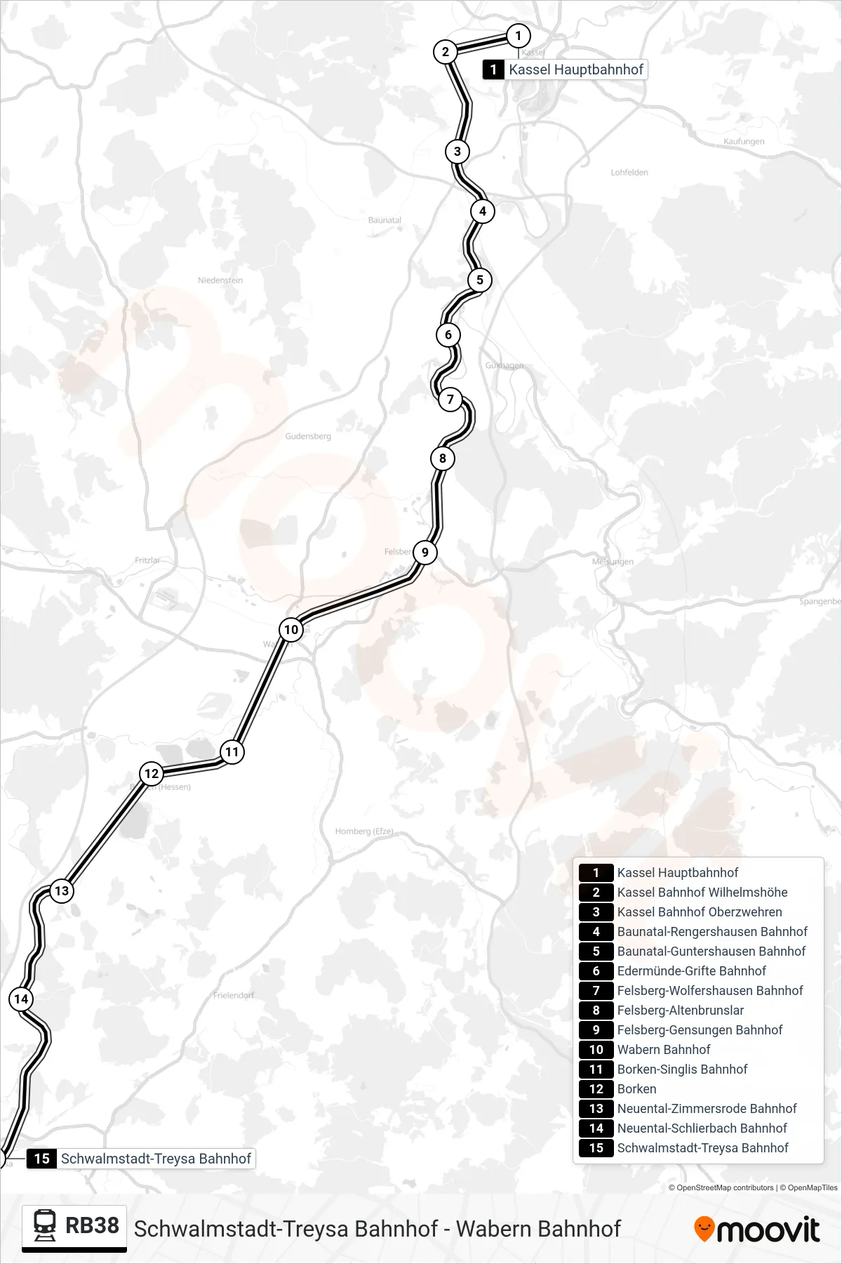 Linie RB38 (Bahn) Richtung Schwalmstadt-Treysa: Route und Haltestellen auf der Karte