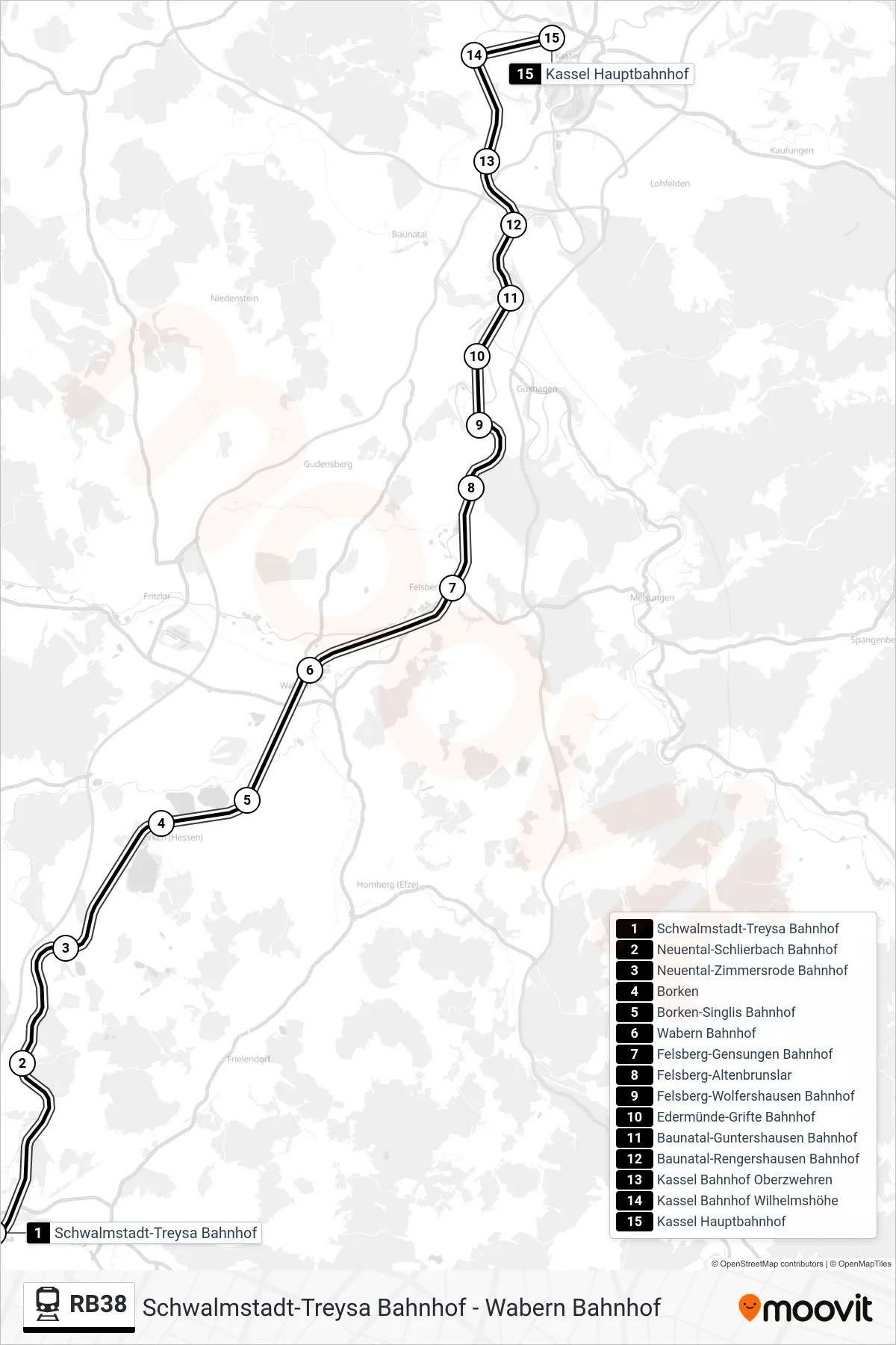 RB38 train Line (Kassel Hauptbahnhof) route and stops on a map