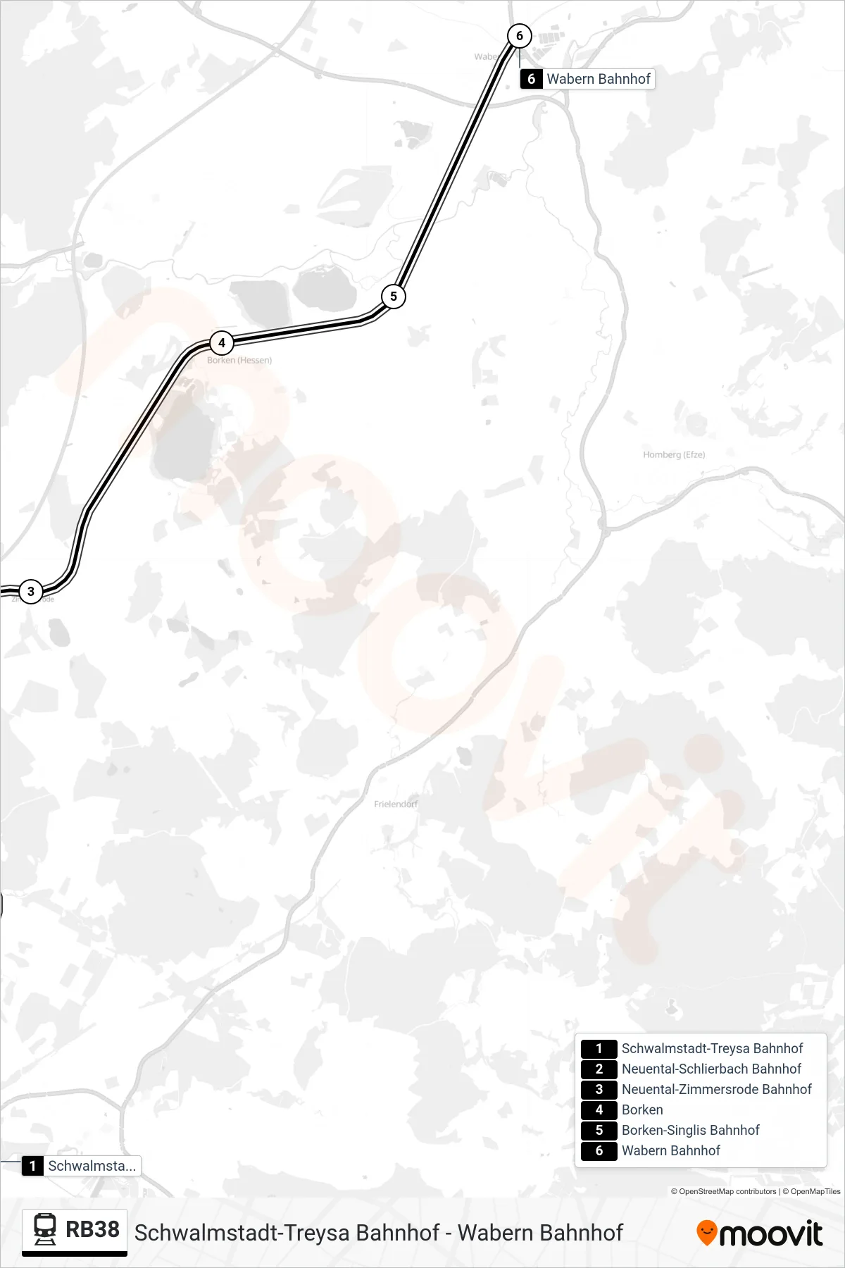 RB38 rail Line (Wabern Bahnhof) route and stops on a map