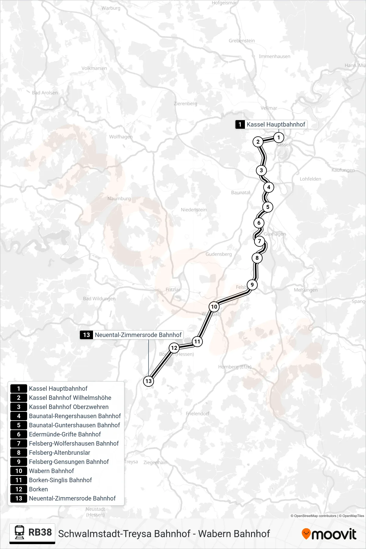 RB38 train Line (Neuental-Zimmersrode) route and stops on a map