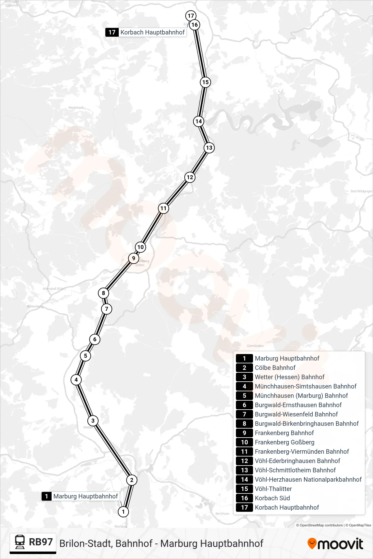 RB97 rail Line (Korbach Hauptbahnhof) route and stops on a map