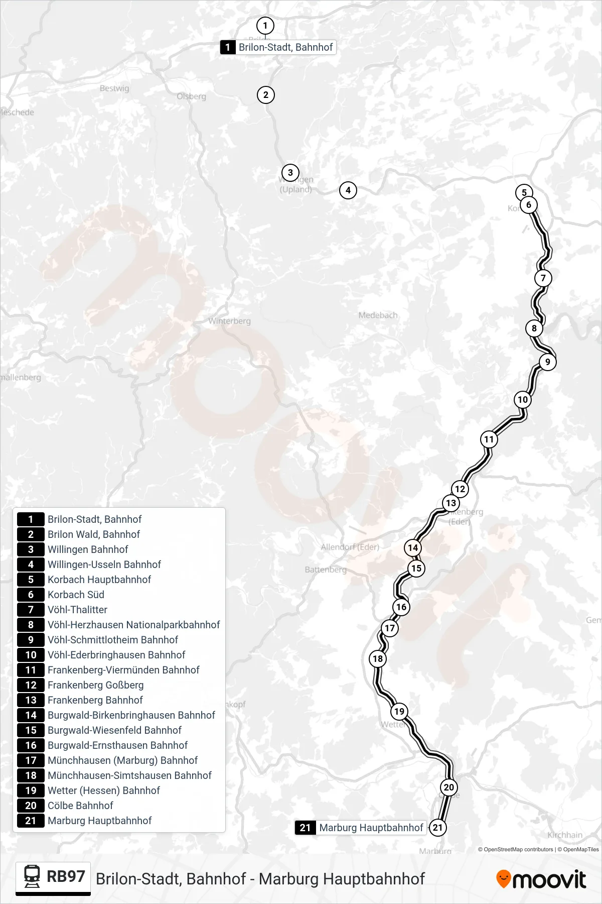RB97 train Line (Marburg Hauptbahnhof) route and stops on a map
