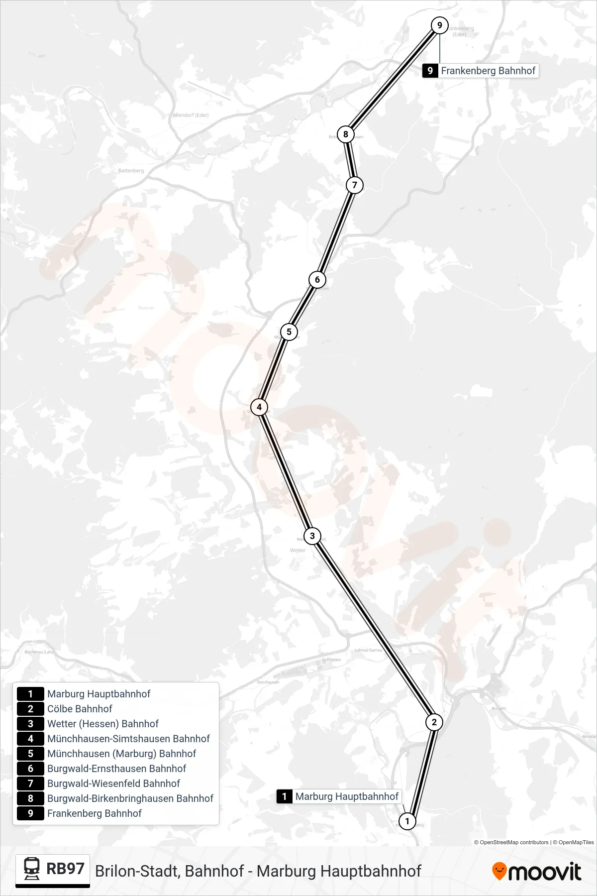 Linie RB97 (Bahn) Richtung Frankenberg Bahnhof: Route und Haltestellen auf der Karte