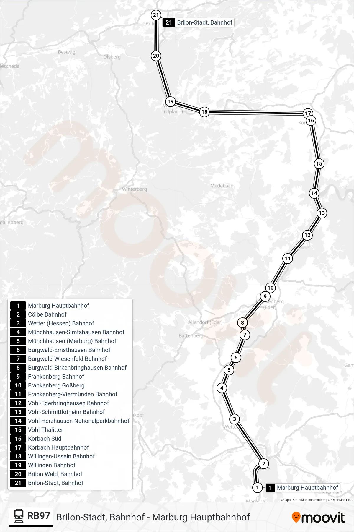 RB97 train Line (Brilon-Stadt, Bahnhof) route and stops on a map