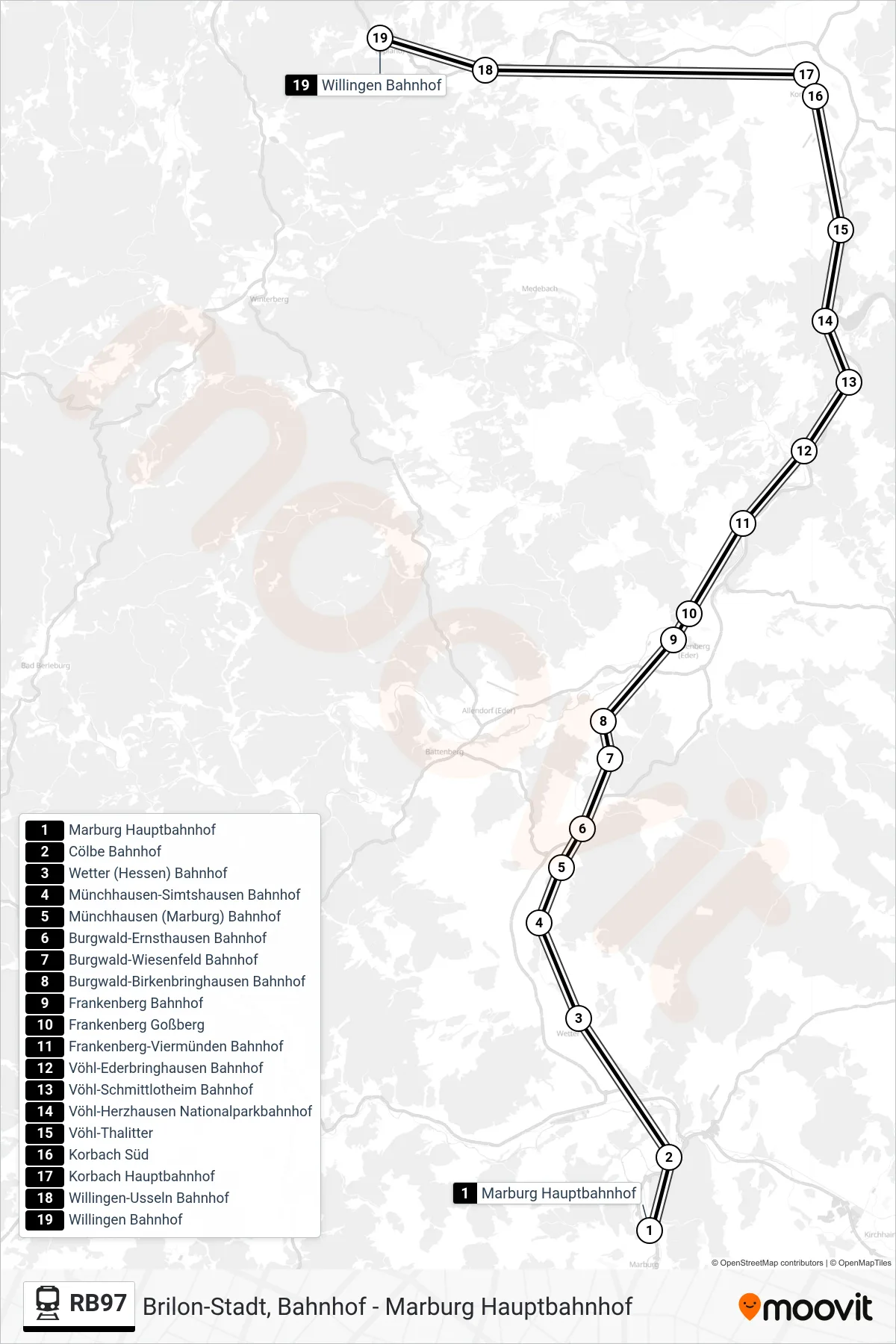 RB97 train Line (Willingen) route and stops on a map