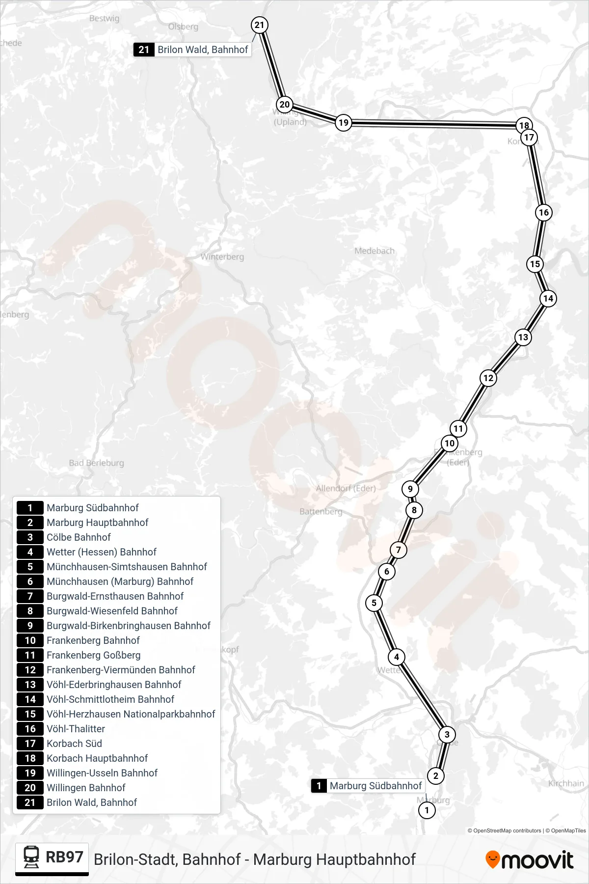 RB97 train Line (Brilon Wald, Bahnhof) route and stops on a map