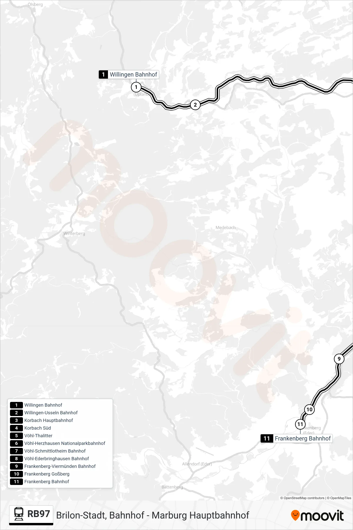 RB97 rail Line (Frankenberg Bahnhof) route and stops on a map