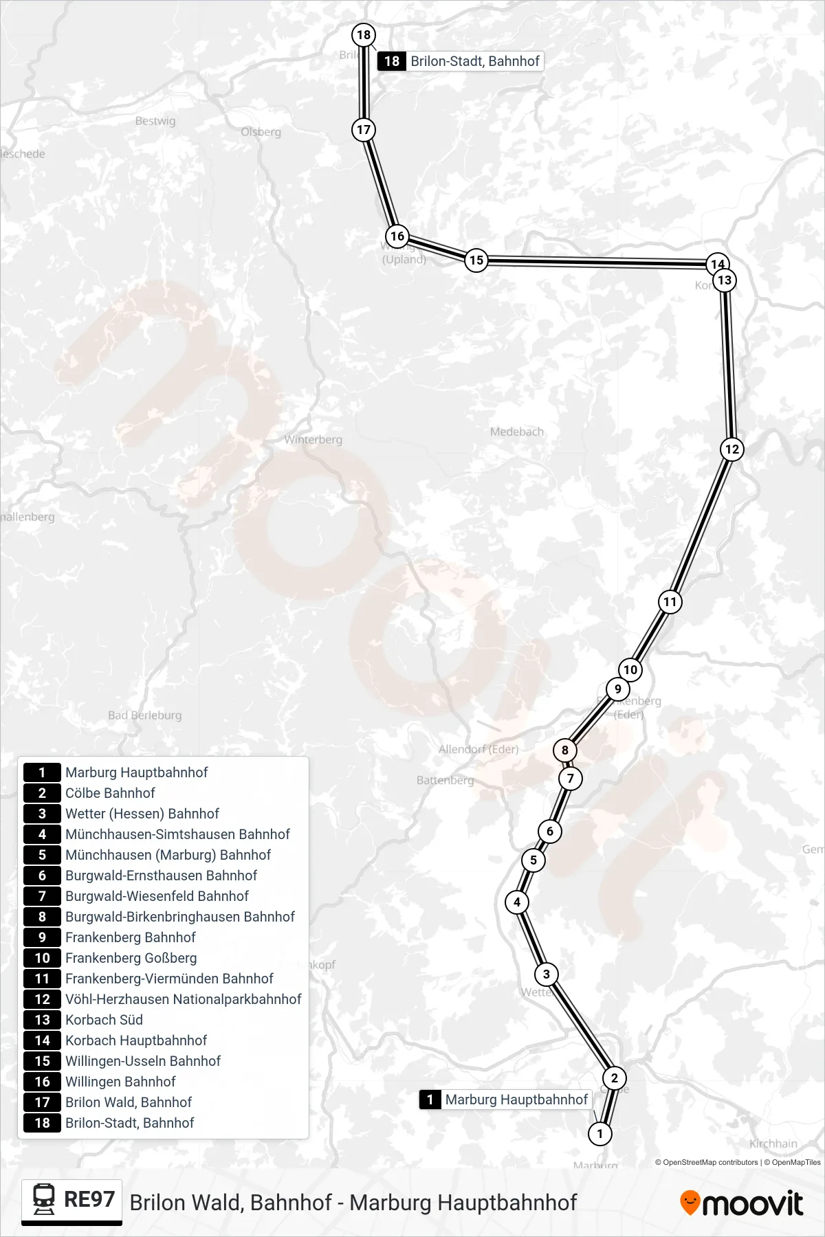 RE97 train Line (Brilon-Stadt, Bahnhof) route and stops on a map