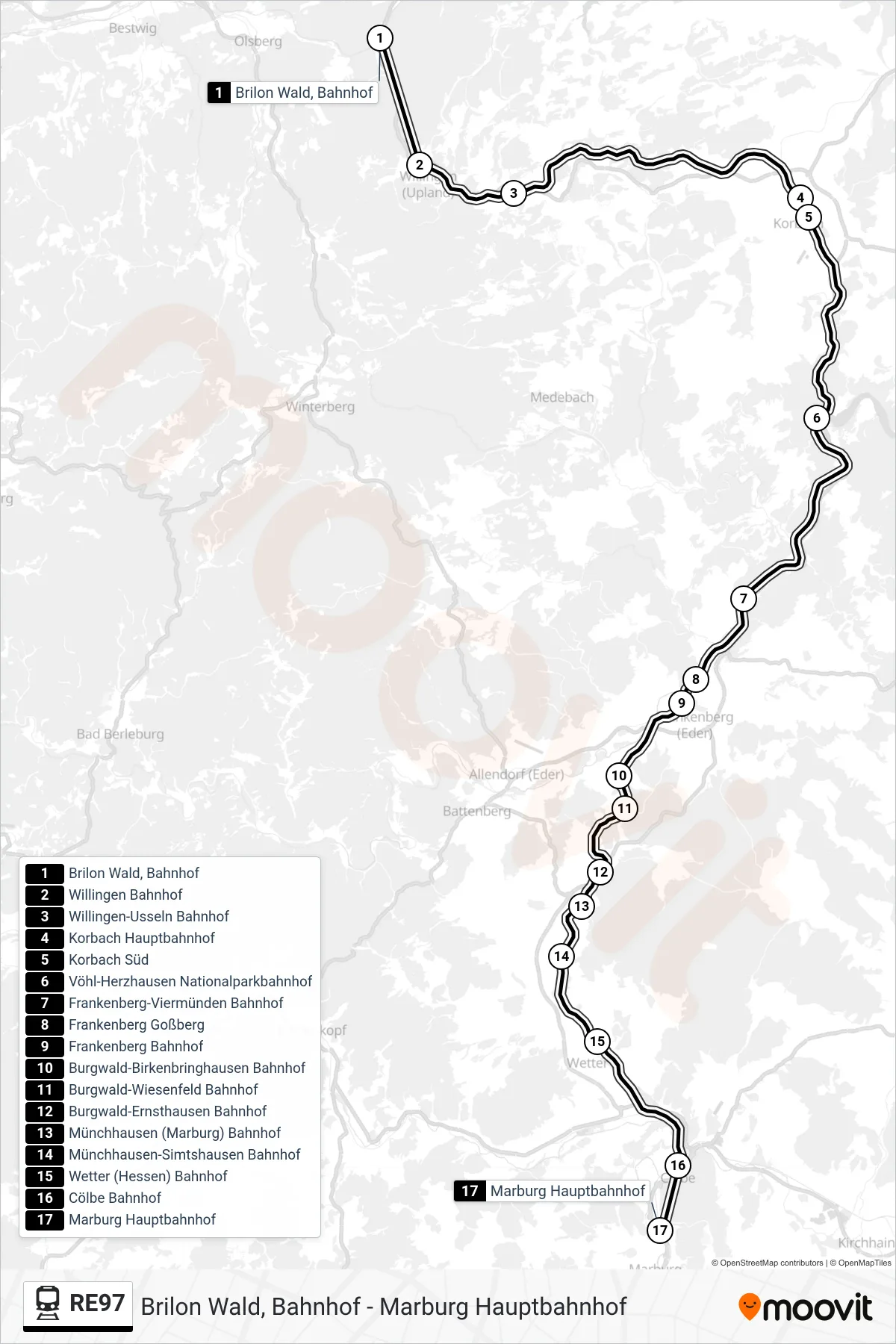 RE97 rail Line (Marburg Hauptbahnhof) route and stops on a map