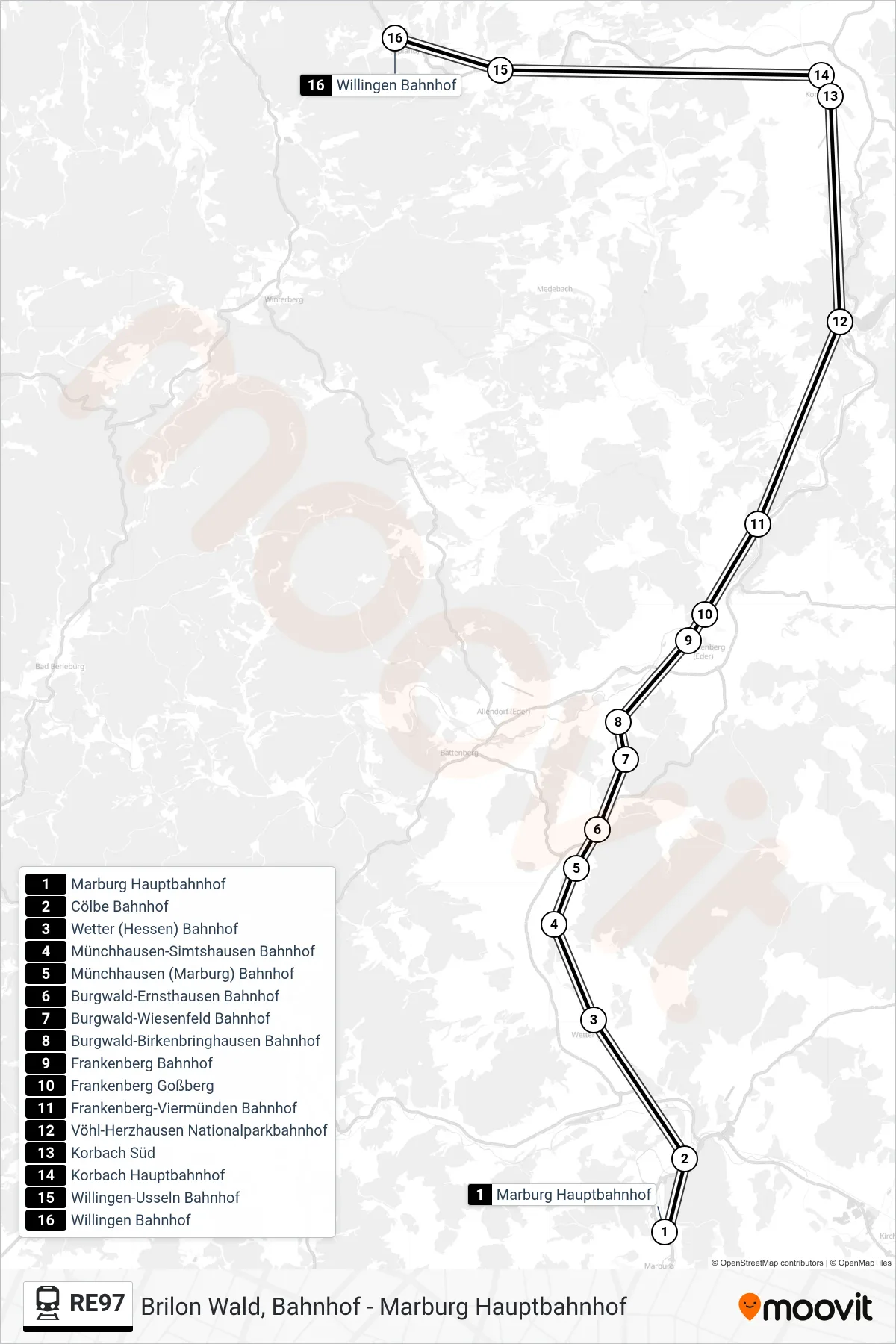 Linie RE97 (Bahn) Richtung Willingen: Route und Haltestellen auf der Karte